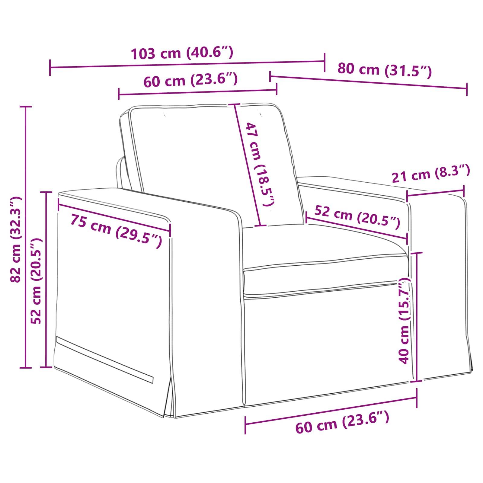 Illustration eines Sessels mit Abmessungen: Höhe 82 cm, Breite 103 cm, Tiefe 80 cm, Sitztiefe 60 cm, Sitzhöhe 40 cm, Armlehnenhöhe 52 cm.