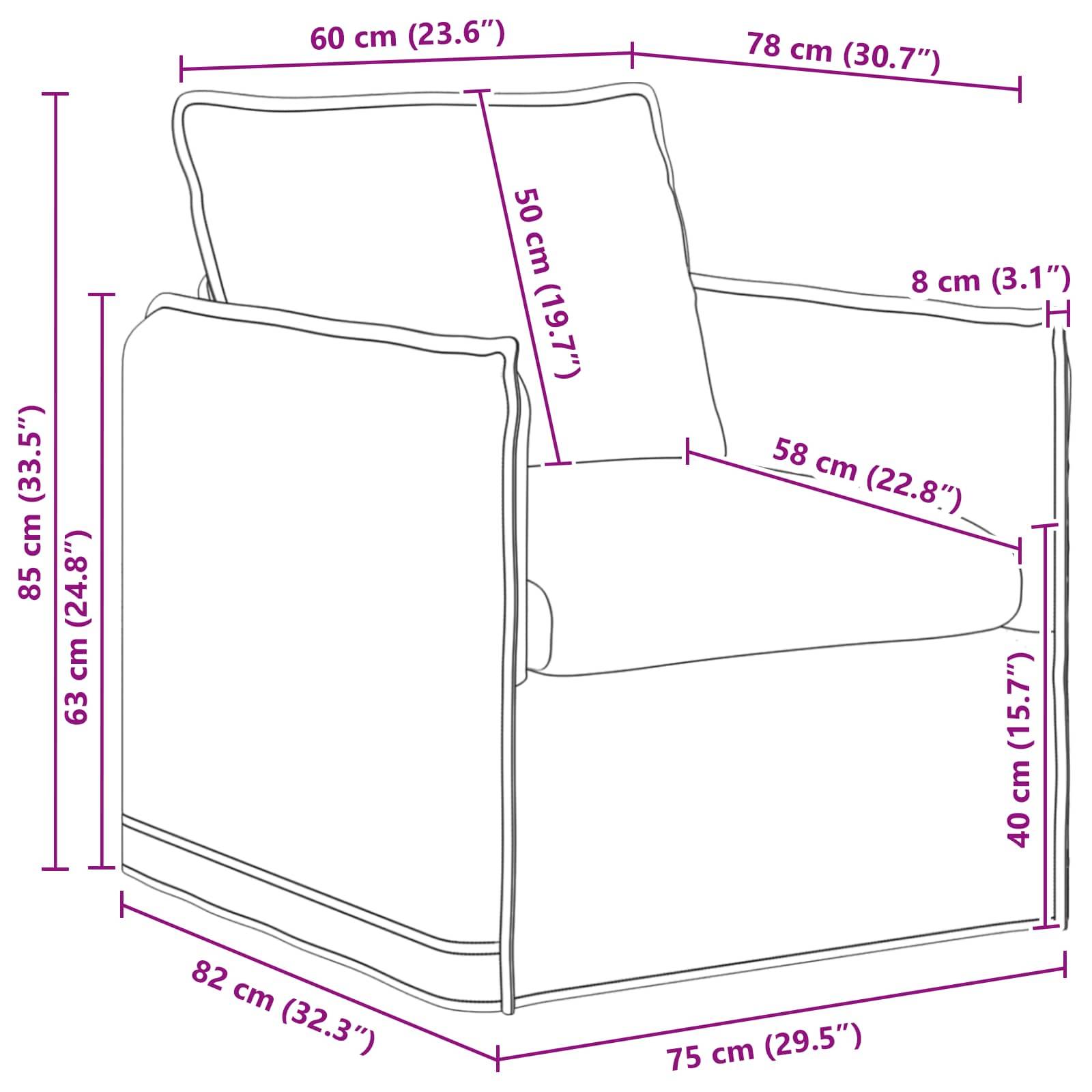 Umrisszeichnung eines Sessels mit Maßen: Höhe 85 cm, Breite 82 cm, Tiefe 78 cm. Sitzhöhe 40 cm, Breite 58 cm.