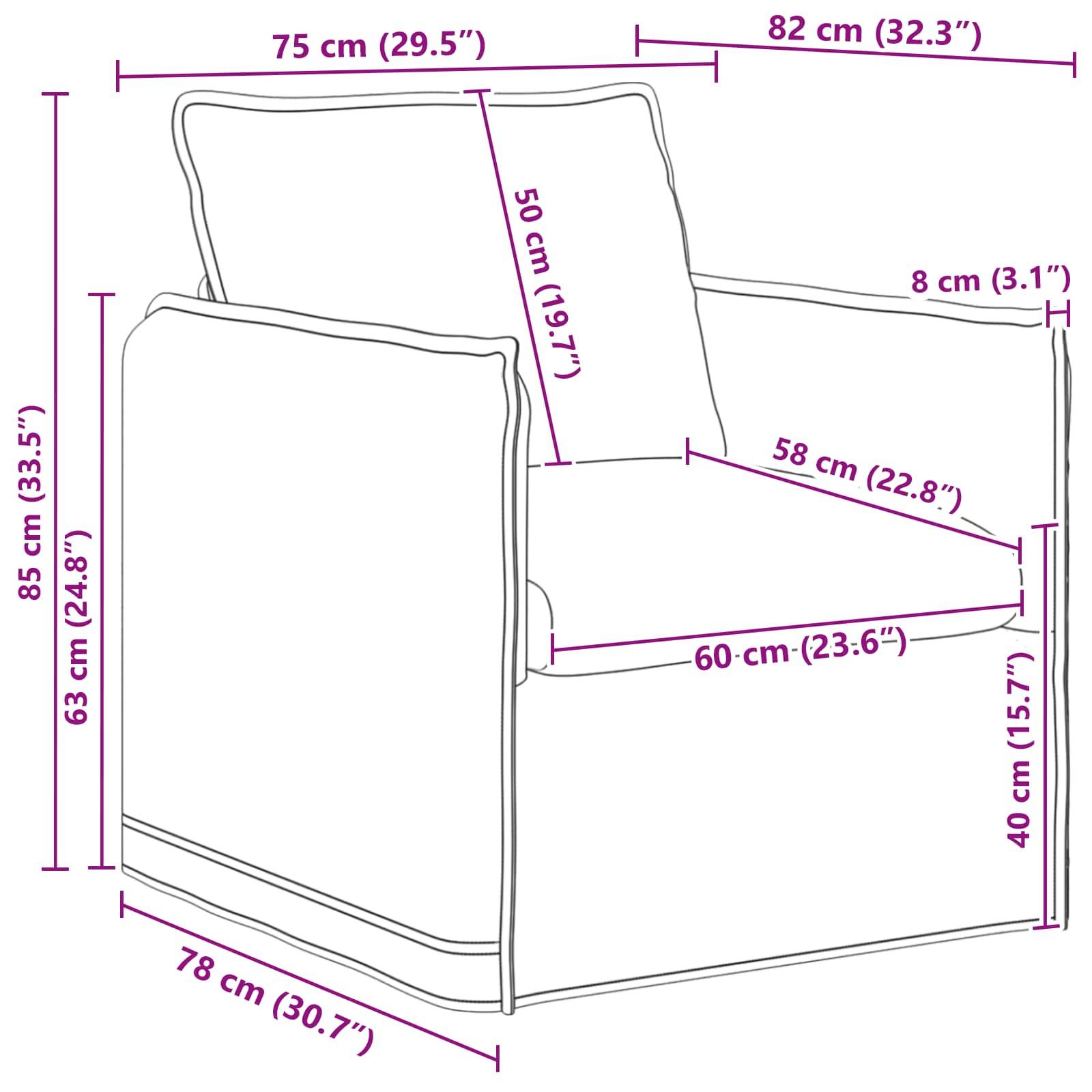 Sessel-Diagramm mit beschrifteten Abmessungen: Höhe 85 cm, Breite 75 cm, Tiefe 82 cm. Zusätzliche Messungen umfassen Sitzhöhe 40 cm, Sitzbreite 60 cm, Sitztiefe 58 cm.
