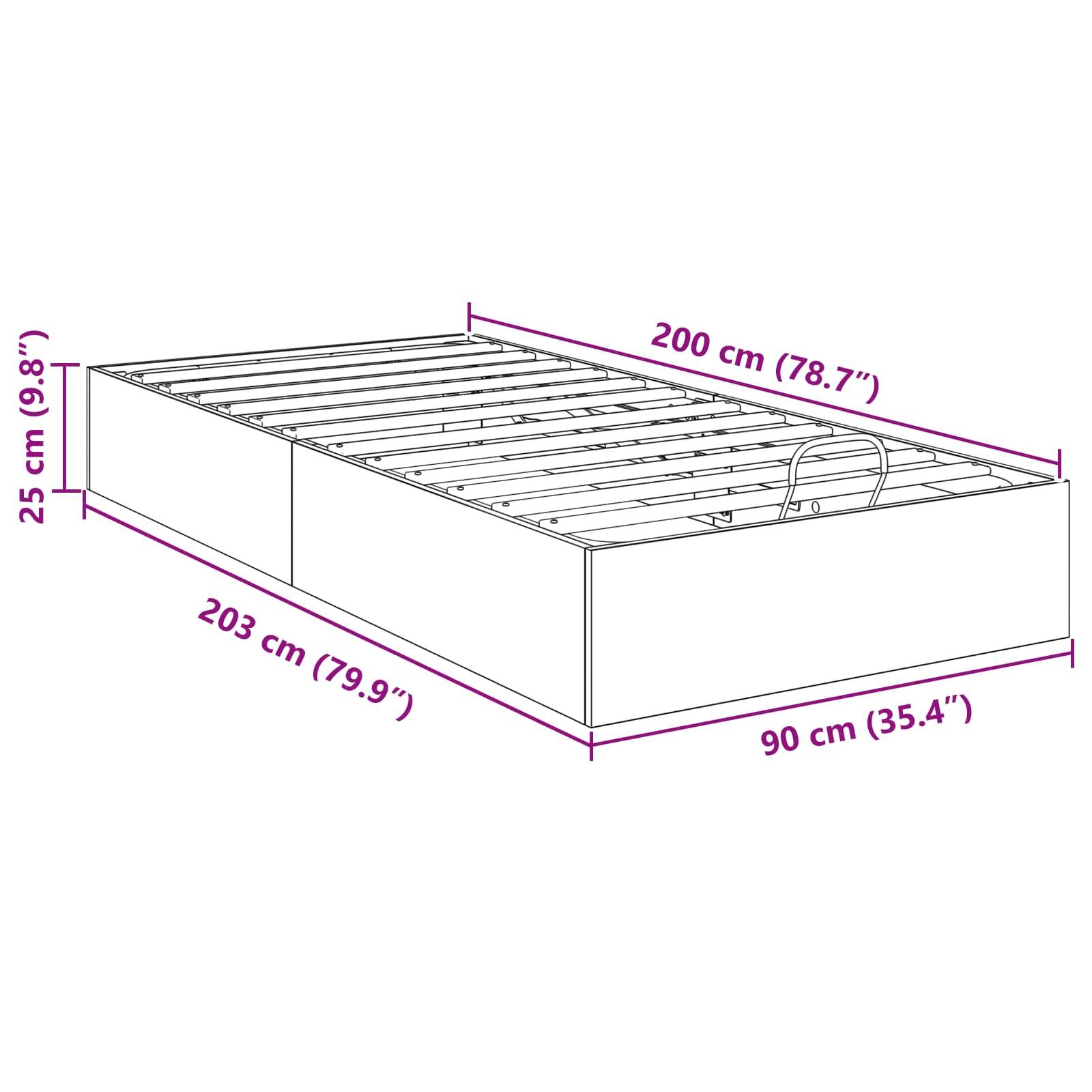 Abbildung eines Bettrahmens mit Abmessungen: 203 cm lang, 90 cm breit und 25 cm hoch. Die tragenden Latten sind oben sichtbar.