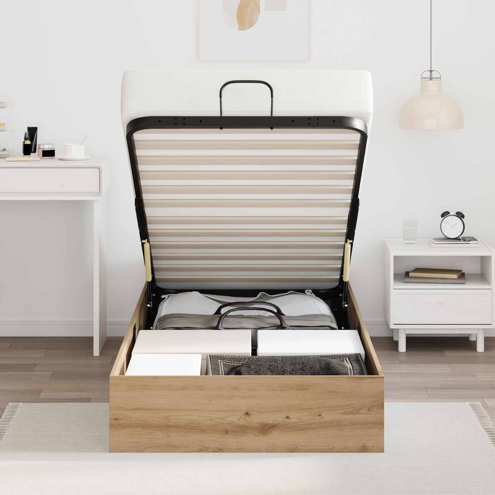 Ein modernes Schlafzimmer mit einem Bett mit offener Lagerkammer unter der Matratze, gefüllt mit Kartons und ordentlich angeordneten Gegenständen, vor einem minimalistischen Hintergrund.