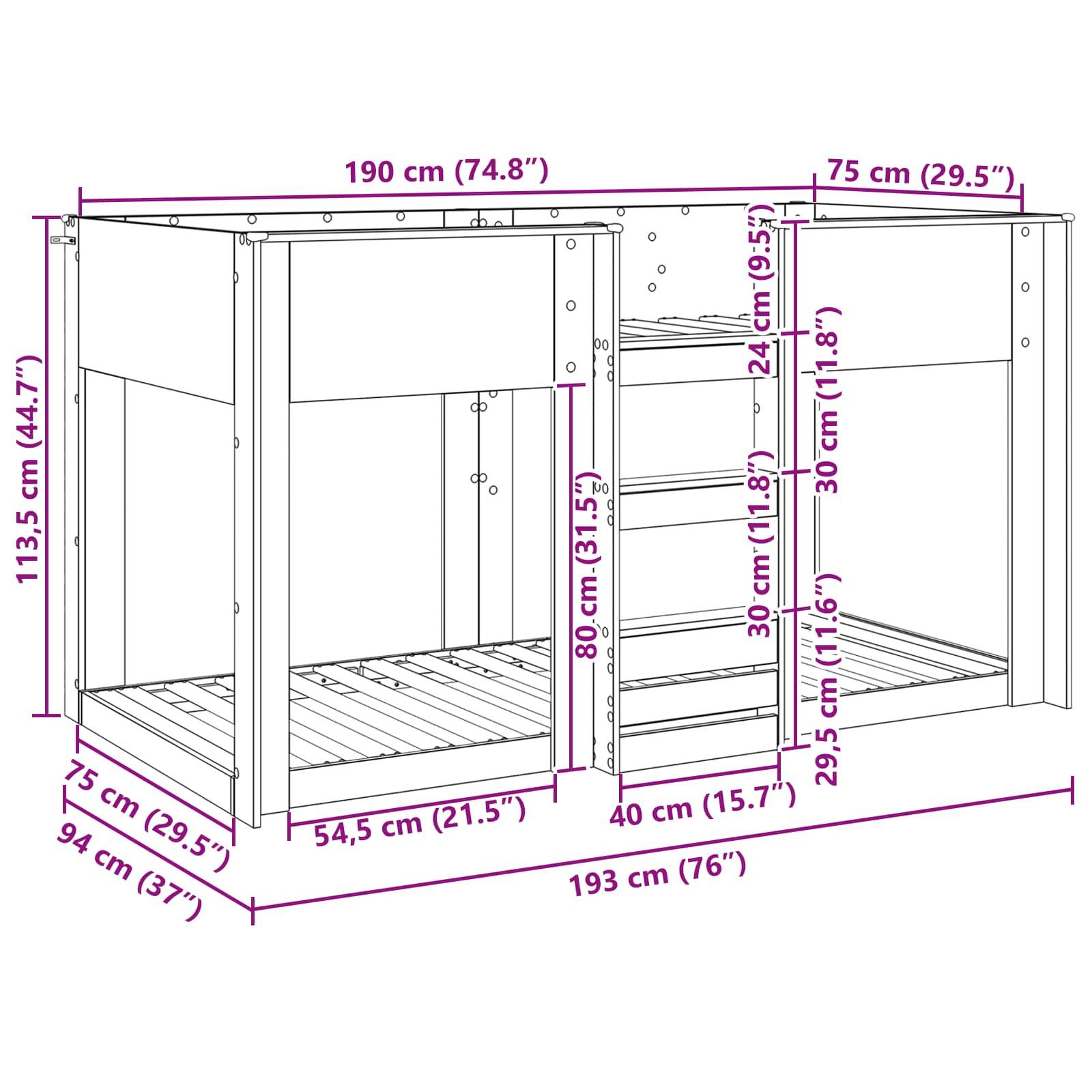 Diagramm der Hochbettabmessungen: Länge 193 cm (76 Zoll), Höhe 113,5 cm (44,7 Zoll), Tiefe 94 cm (37 Zoll); Matratzenbereich 190 x 75 cm (74,8 x 29,5 Zoll).