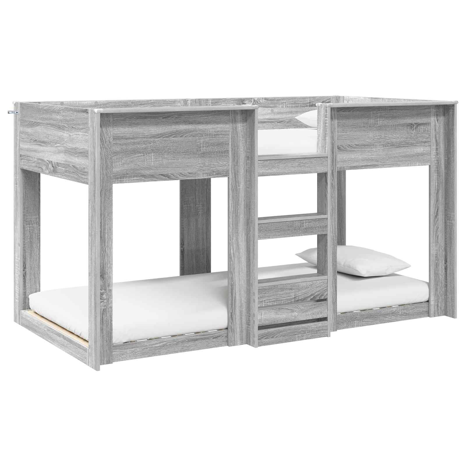 Ein graues Holz-Hochbett mit Leiter, mit minimalem Design, Einzelbett darunter und stabilem Rahmen, geeignet zum Sparen von Platz.
