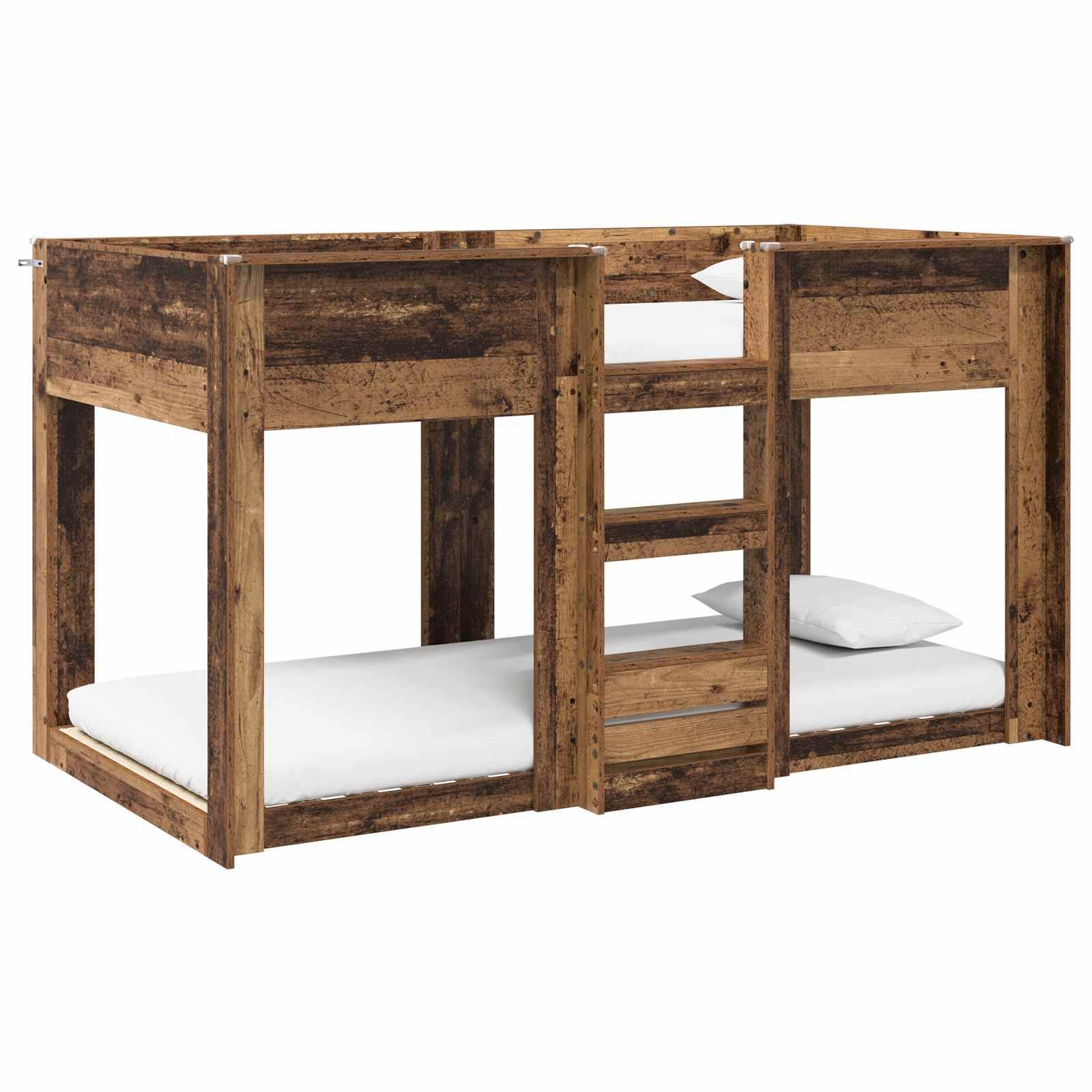 Holzkoje mit rustikalem Finish, mit Leiter und zwei Matratzen, eine auf der oberen Koje und eine auf der unteren.