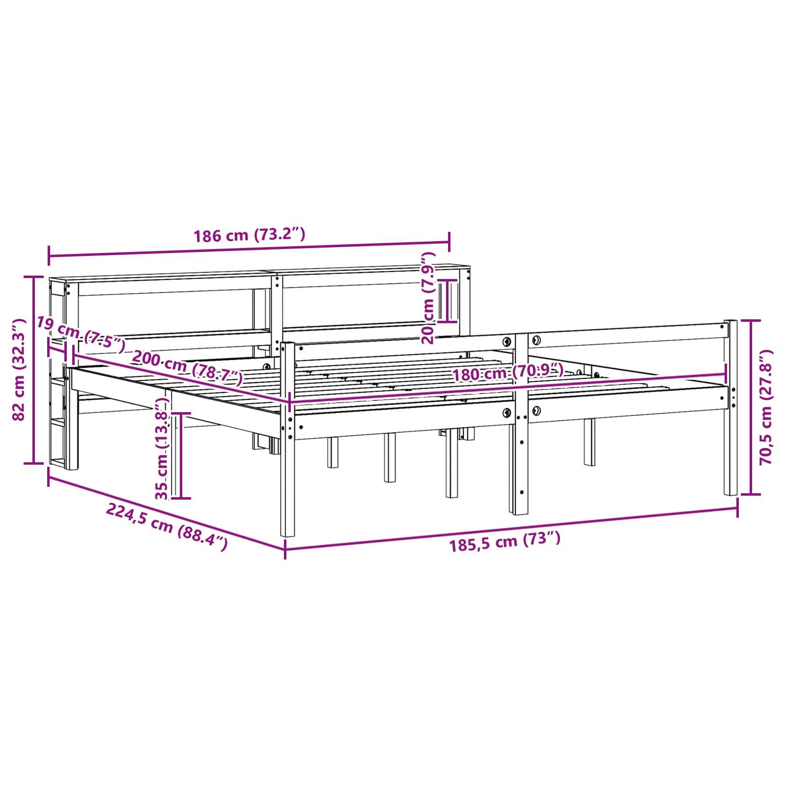 Diagramm eines Holzbettgestells mit Abmessungen: Länge 224,5 cm, Breite 186 cm, Höhe 82 cm. Verschiedene Schnittmaße sind angegeben.