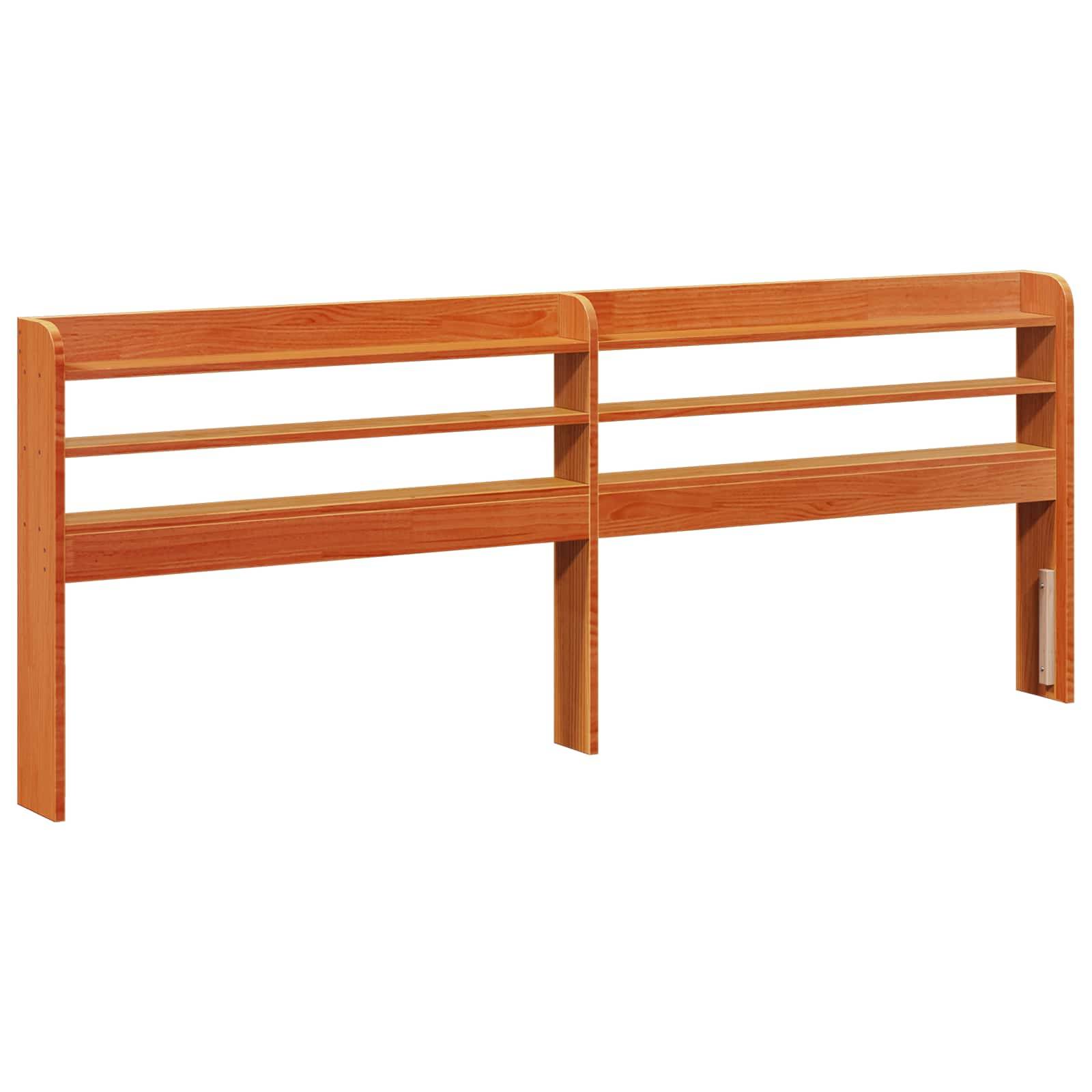 Holzkopfteil mit doppeltem Regal, mit warmer brauner Oberfläche und minimalem Design, geeignet zur Organisation kleiner Gegenstände.