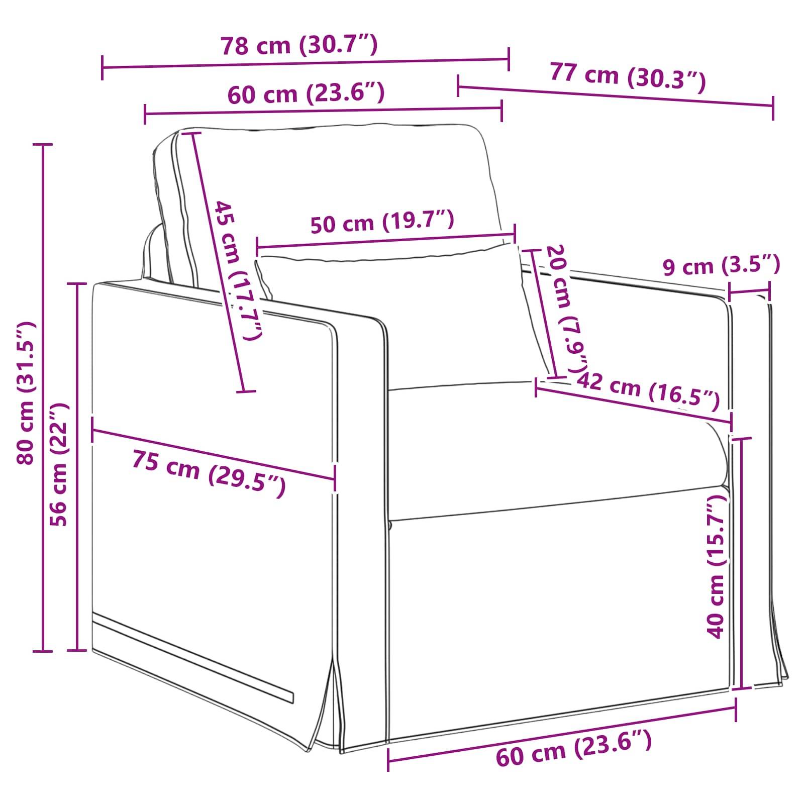 Strichzeichnung eines Stuhls mit Abmessungen: Höhe 80 cm, Breite 78 cm, Tiefe 77 cm. Sitzhöhe 42 cm, Sitztiefe 50 cm, Armllehnenhöhe 56 cm.