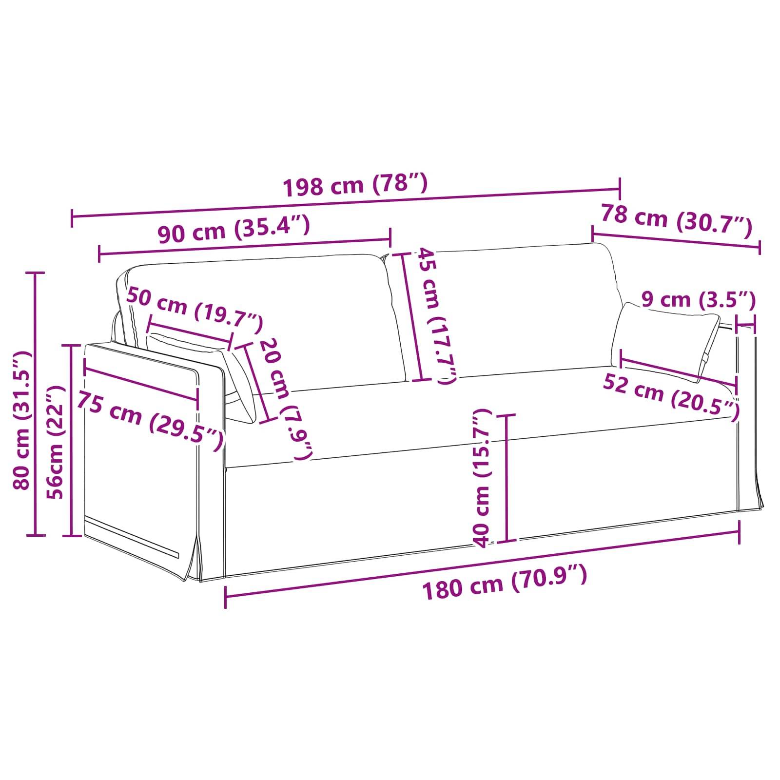 vidaXL Sofa Schwarz 198 x 78 x 80 cm Stoff