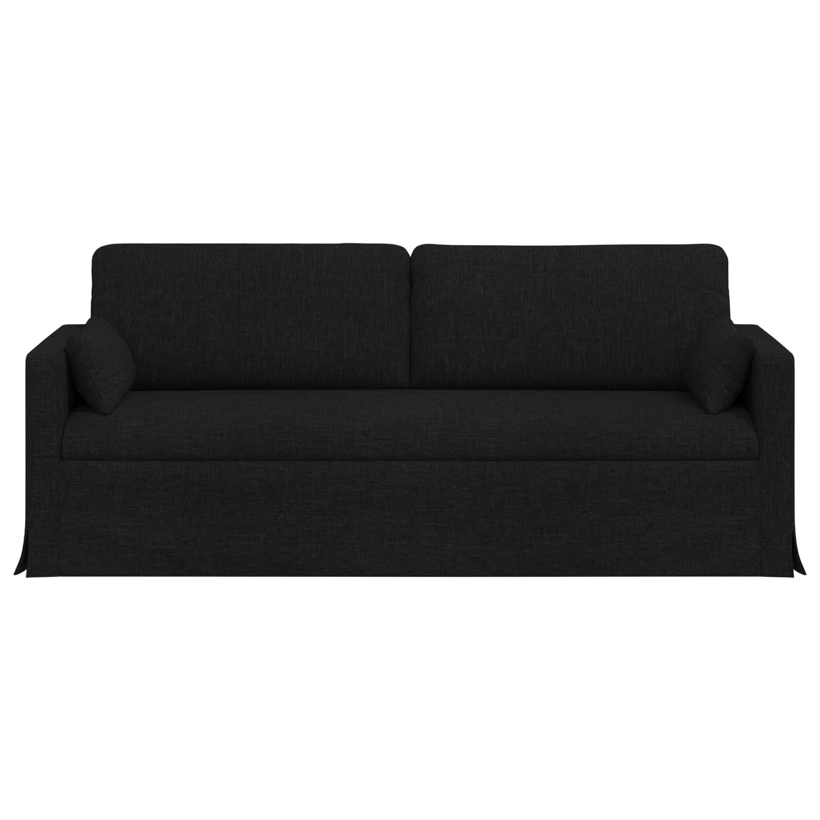 Ein schwarzes, zweisitziges Sofa mit klaren Linien und quadratischen Armlehnen, vor einem schlichten Hintergrund positioniert, was auf ein modernes Design hindeutet.