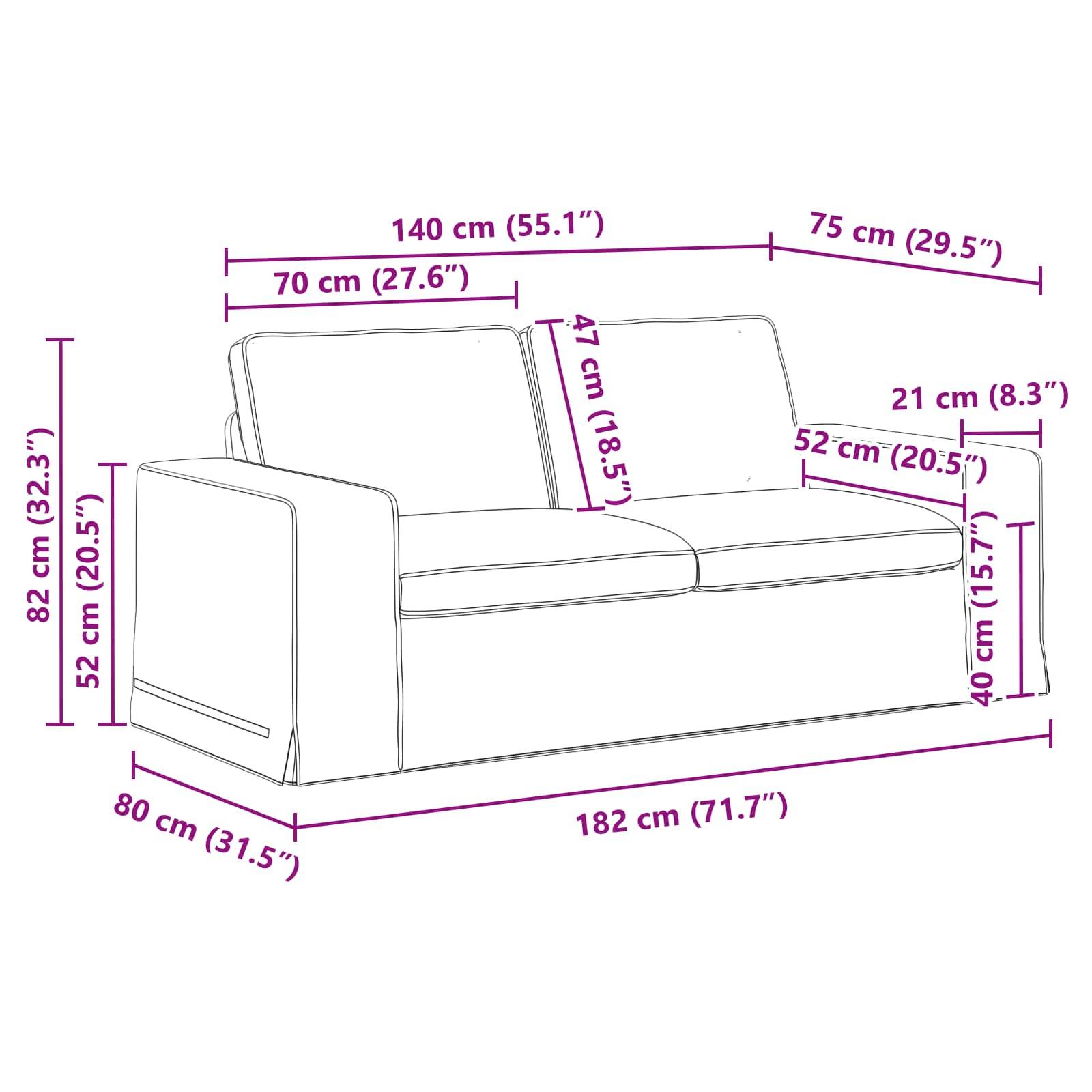 Eine Linienzeichnung eines Sofas mit beschrifteten Abmessungen: 182 cm Breite, 80 cm Tiefe, 82 cm Höhe. Sitzbreite 140 cm, Sitzhöhe 40 cm.