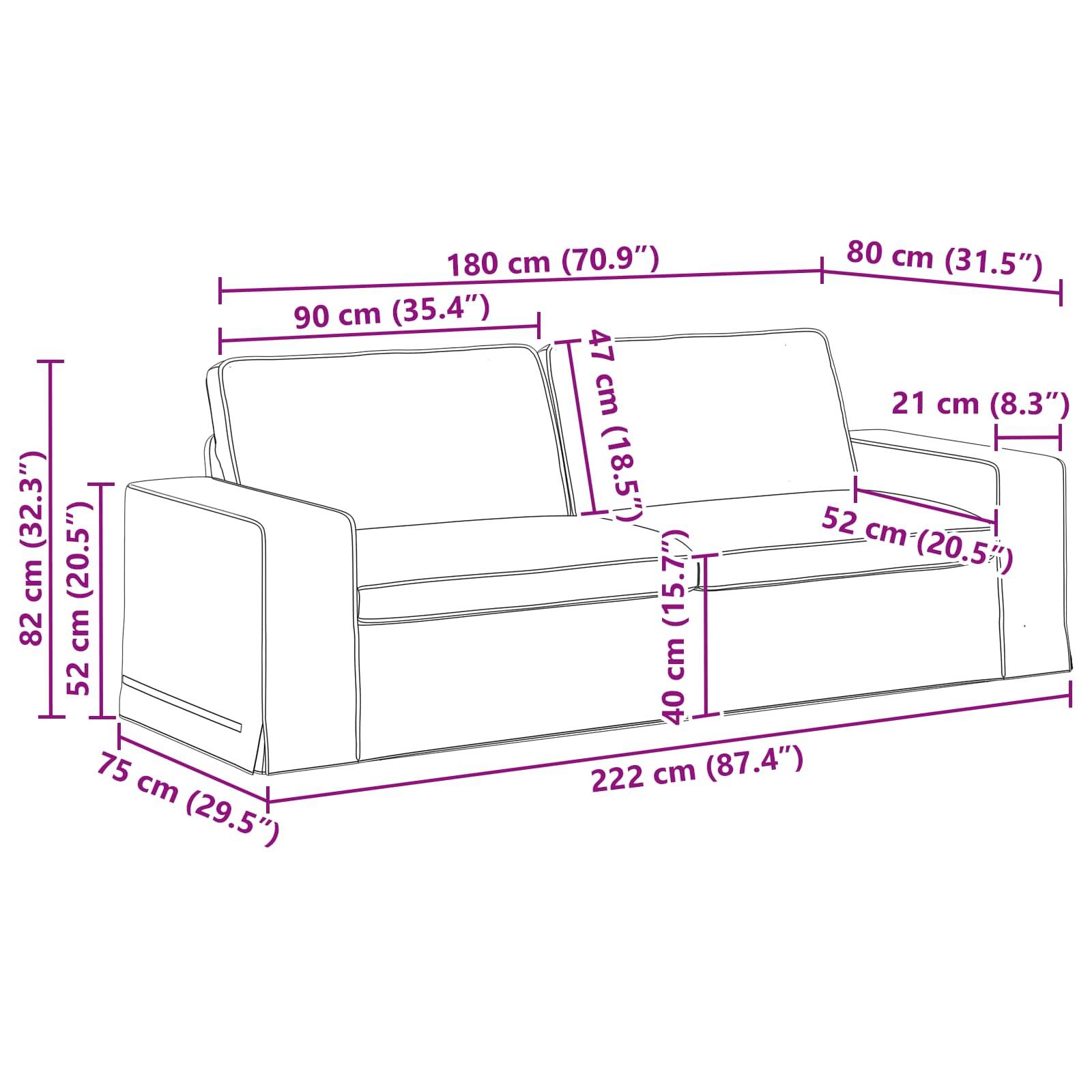 Bild eines Sofas mit beschrifteten Abmessungen: 222 cm breit, 82 cm hoch, 90 cm Sitzbreite. Die Armlehne ist 52 cm hoch. Die Gesamttiefe beträgt 80 cm.