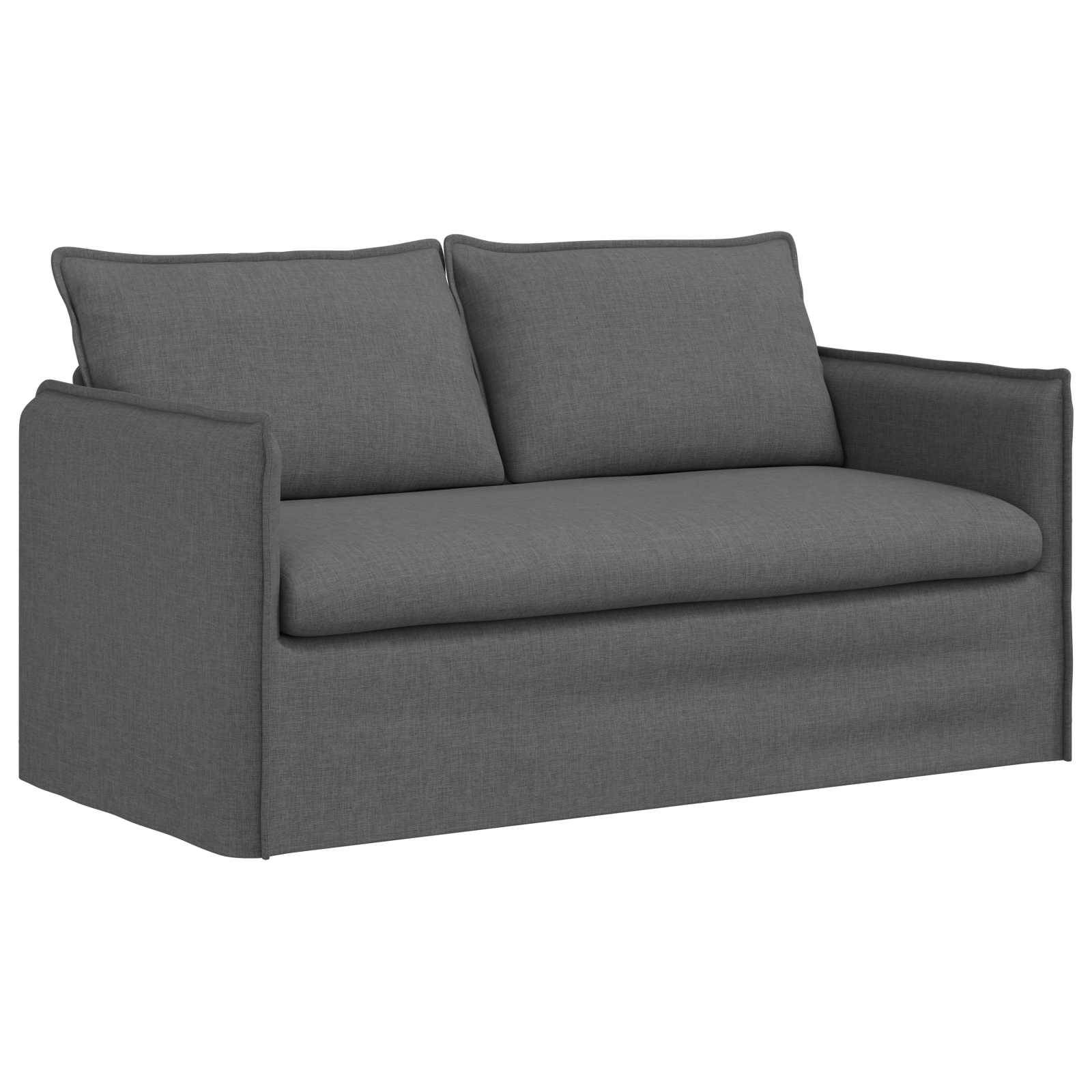Ein dunkelgraues, zweisitziges Sofa mit minimalistischem Design, das zwei große Rückenkissen aufweist.