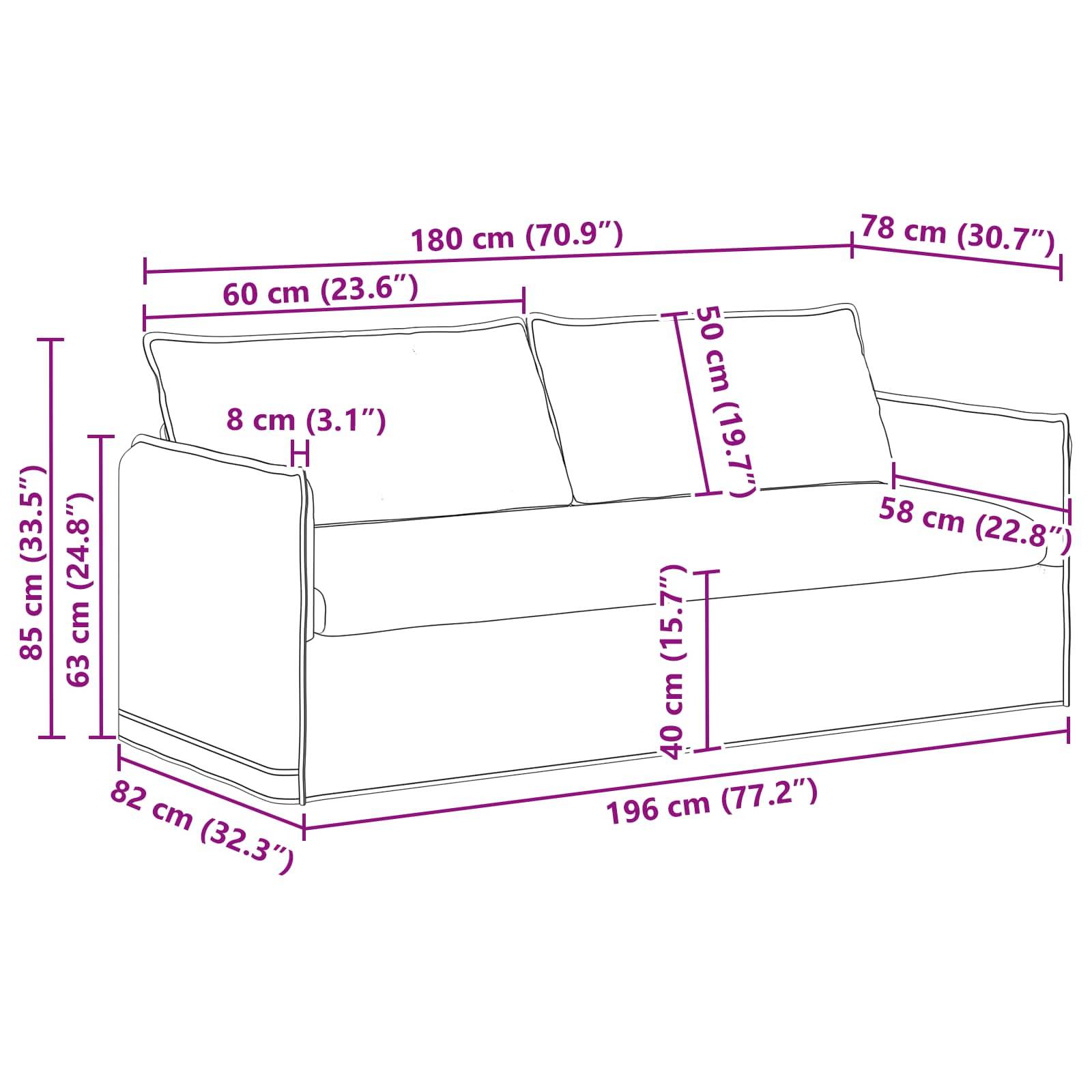 Diagramm eines Sofas mit Abmessungen: Höhe 85 cm, Länge 180 cm, Tiefe 78 cm. Zusätzliche Maße: Sitzhöhe 40 cm, Tiefe 60 cm.