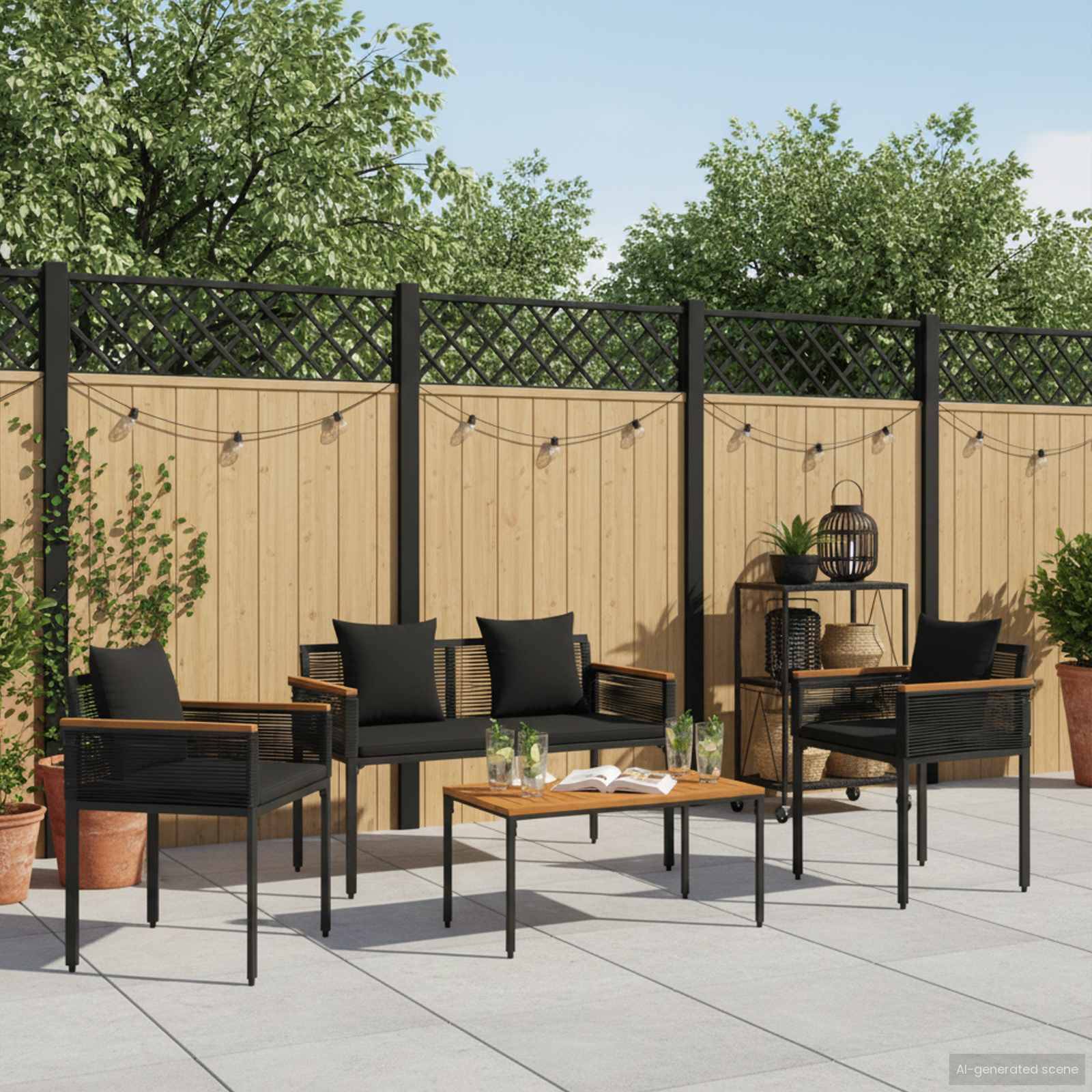 vidaXL Gartenmöbel Set mit Kissen 4 pcs Schwarz Poly-Rattan