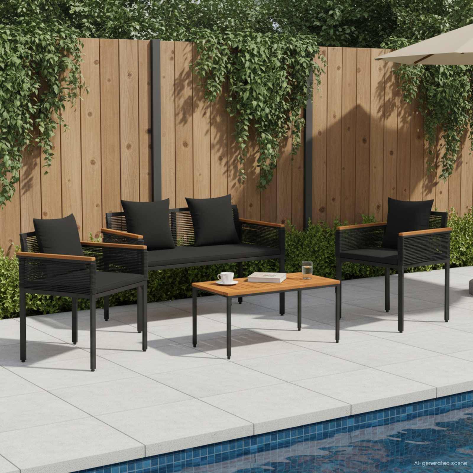 vidaXL Gartenmöbel Set mit Kissen 4 pcs Schwarz Poly-Rattan