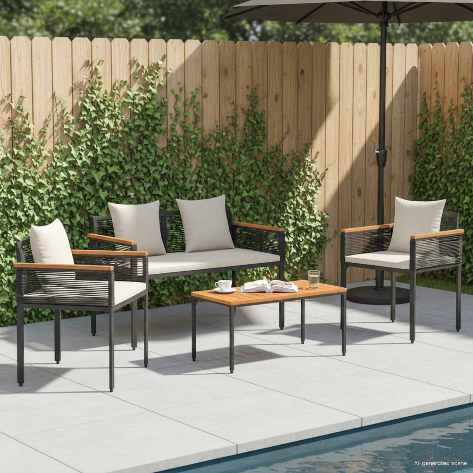 vidaXL Gartenmöbel Set mit Kissen Schwarz und Cremeweiß Poly-Rattan