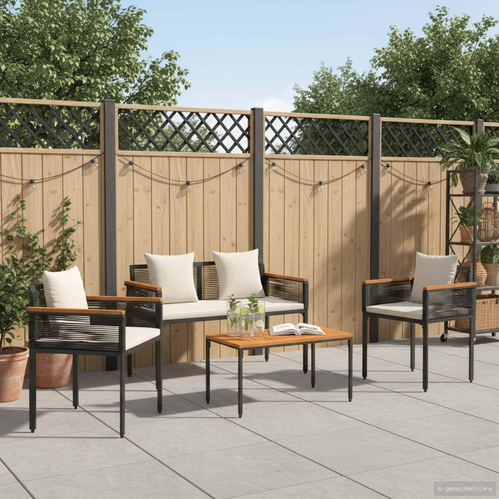 vidaXL Gartenmöbel Set mit Kissen Schwarz und Cremeweiß Poly-Rattan