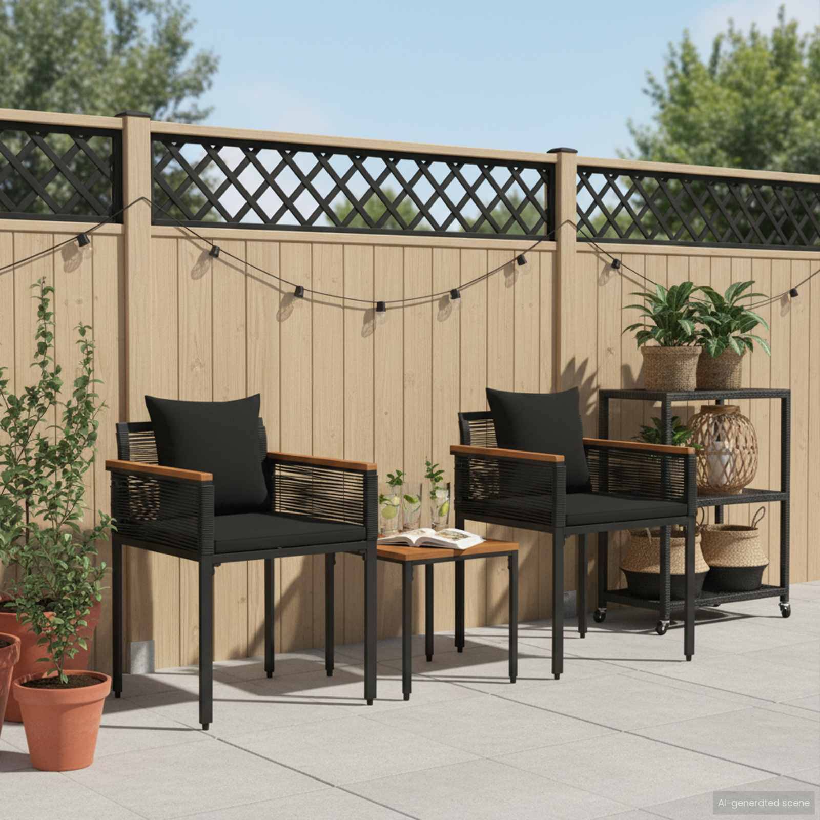 vidaXL Gartenmöbel Set mit Kissen Schwarz Poly-Rattan