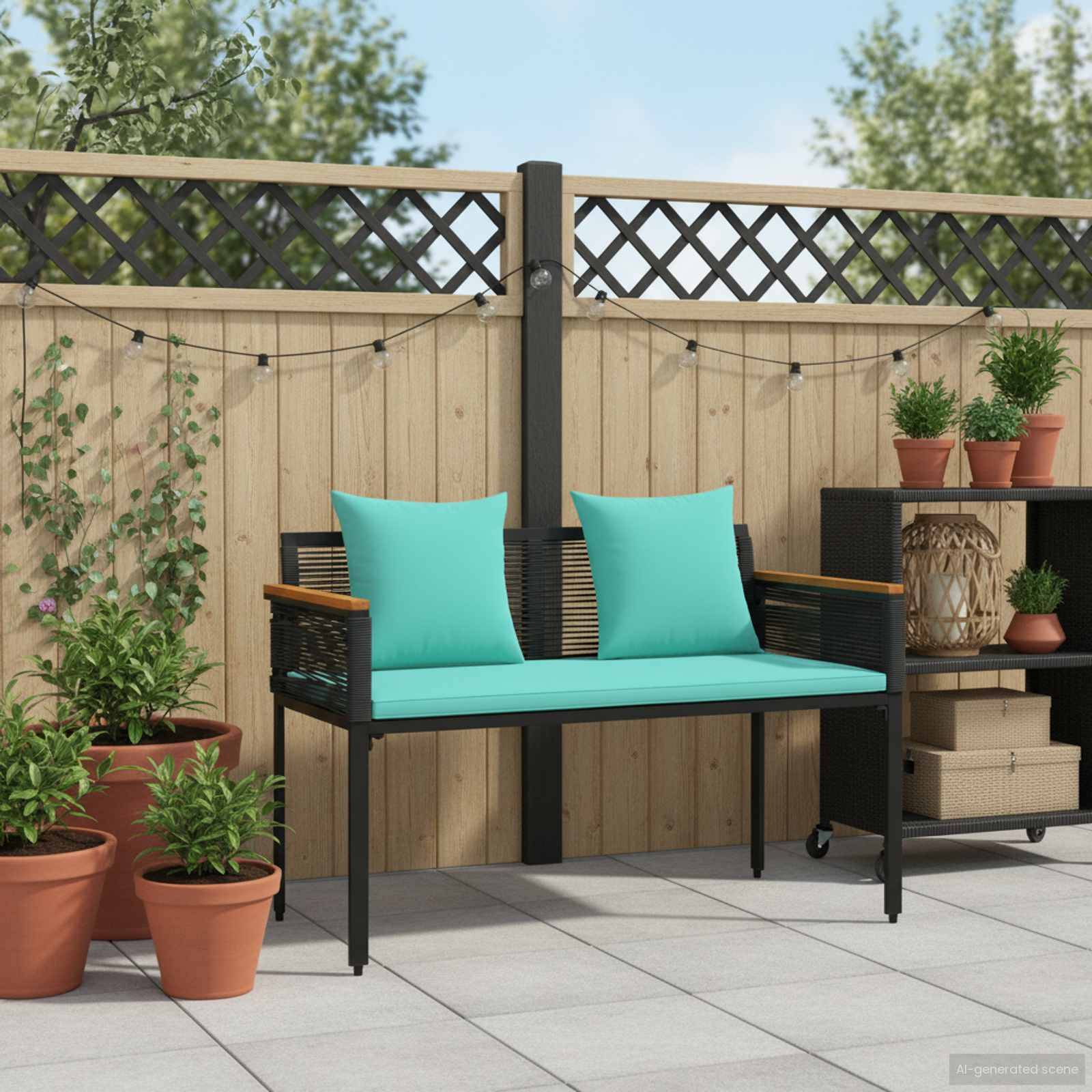 Ein Patio mit einer Bank mit türkisfarbenen Kissen, Topfpflanzen, einem Holz-Sichtschutz und Lichterketten, was auf einen gemütlichen Außenbereich hindeutet.