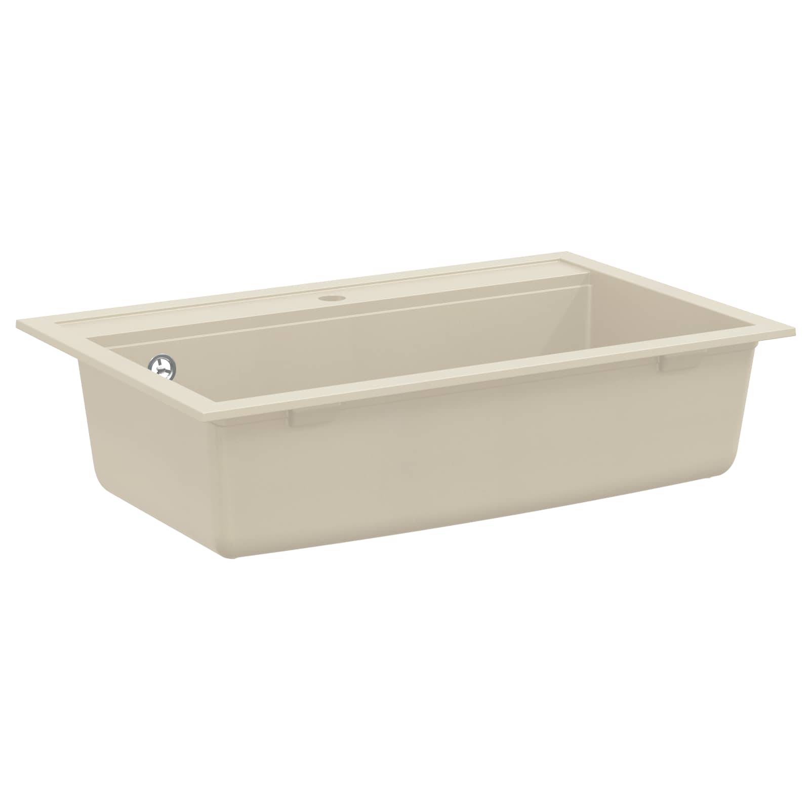 Rechteckige beige Einbau-Badewanne mit glattkantigen Kanten und integriertem Überlaufablauf.