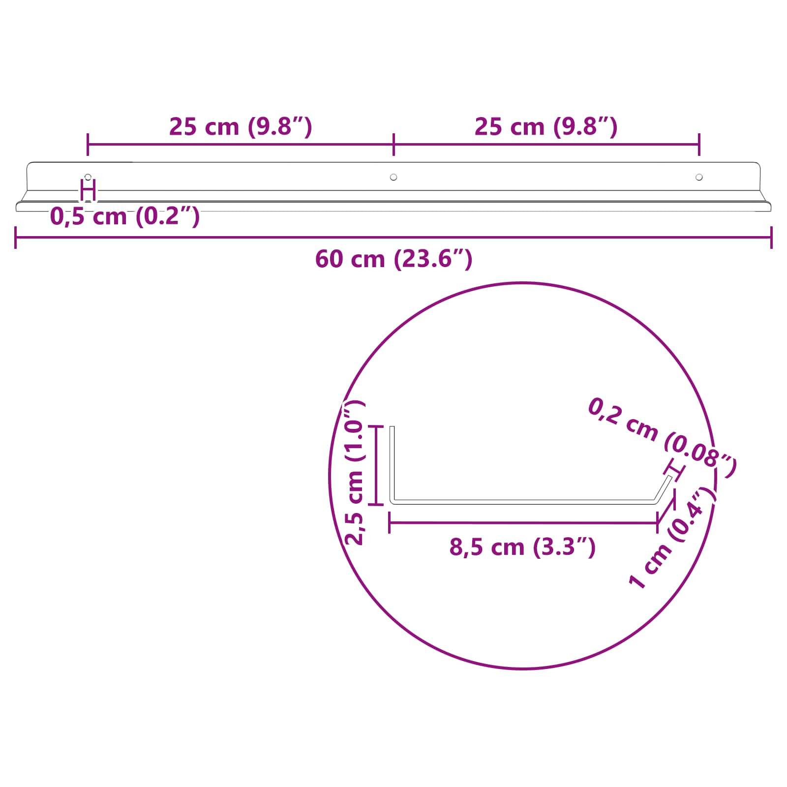 Diagramm einer Metallschiene und Seitenansicht-Messungen. Draufsicht: 60 cm Breite, einschließlich zwei 25 cm Segmente und einer 0,5 cm Kante. Seitenansicht: 8,5 cm Breite, 2,5 cm Höhe und 1 cm Eckrundung, mit 0,2 cm Dicke.