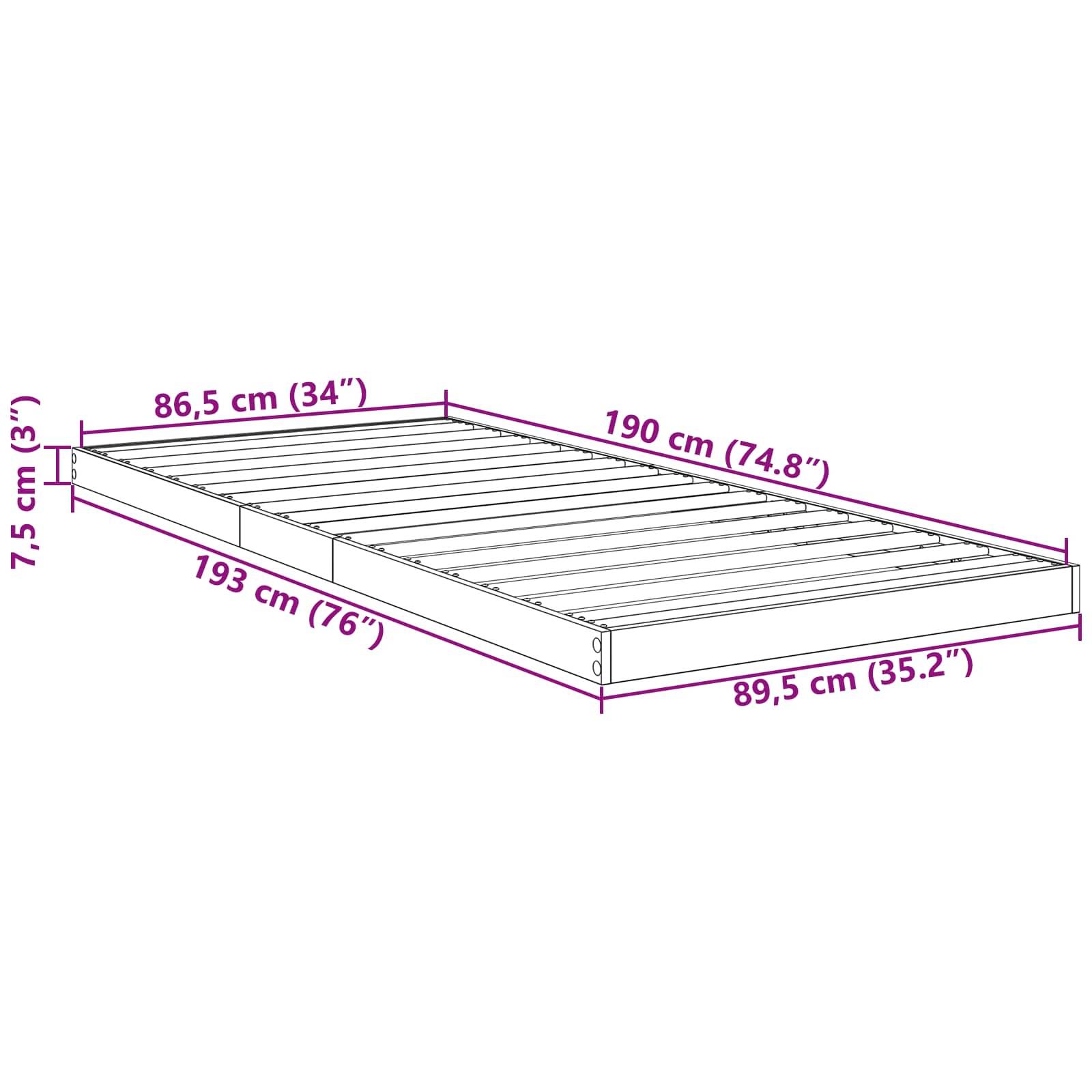 vidaXL Bodenbettrahmen Geräucherte Eiche 90 x 190 cm Holzwerkstoff