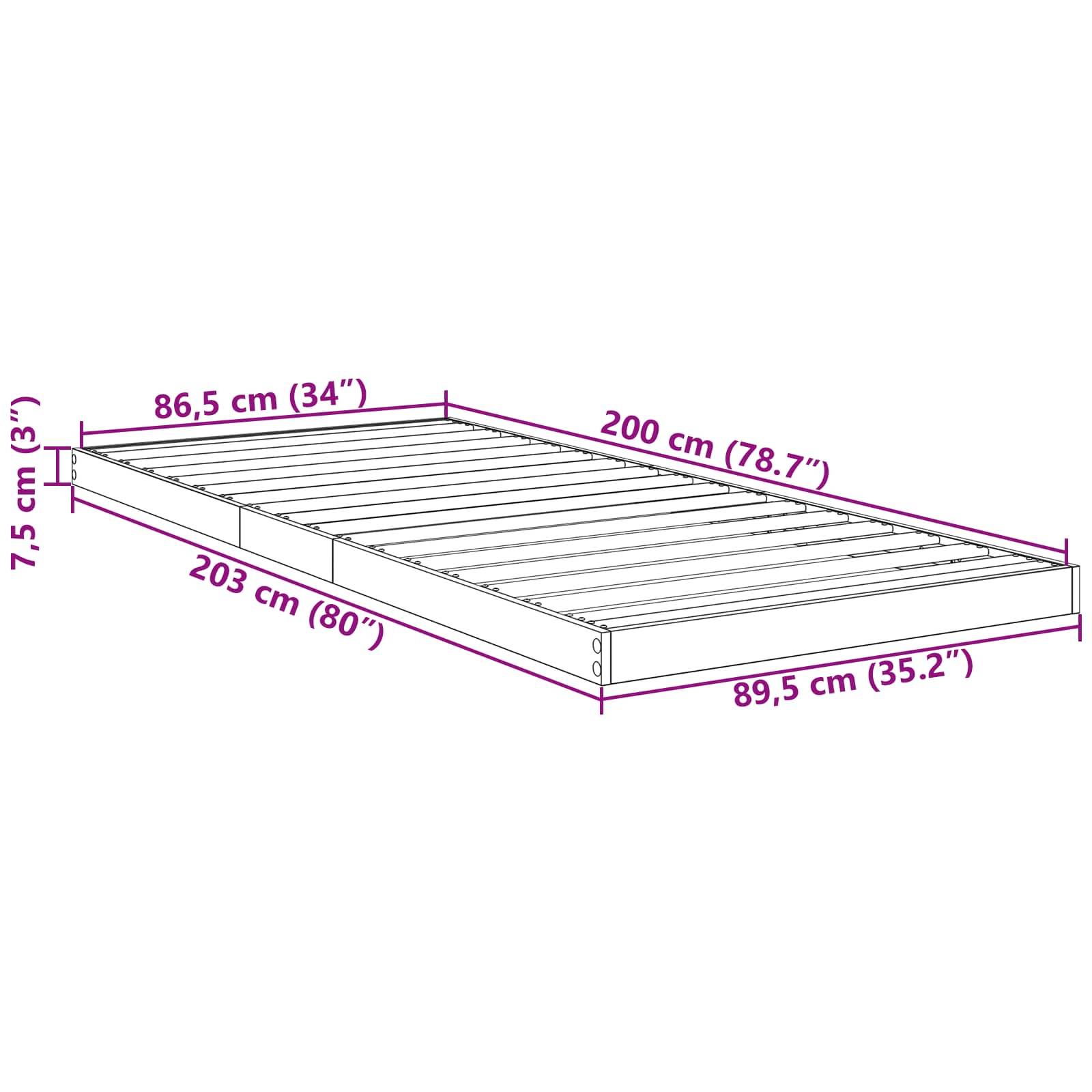 Strichzeichnung eines Bettrahmens mit Abmessungen: 86,5 cm (34