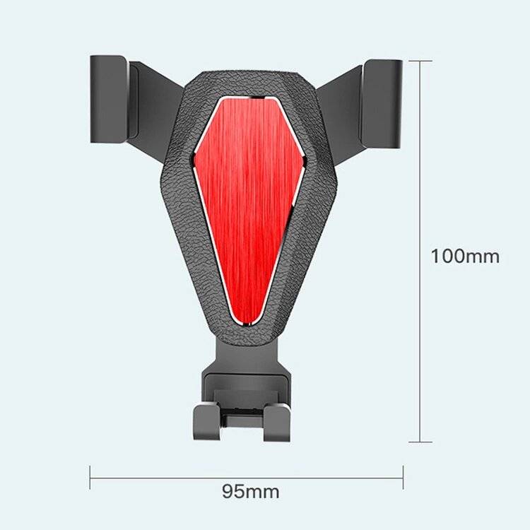 Handyhalterung für Auto mit rot-schwarzem Design, verstellbare Arme. Abmessungen: 100 mm Höhe, 95 mm Breite.