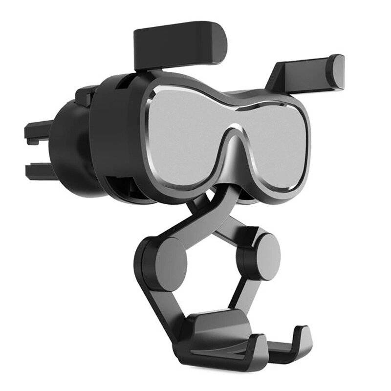 Ein schwarzer Autotelefonhalter mit futuristischem Design, ausgestattet mit einem Griffmechanismus und verstellbaren Armen zum Sichern von Geräten.