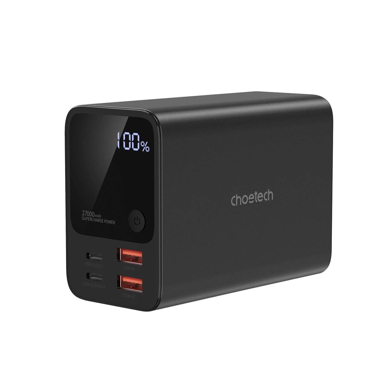 Eine schwarze tragbare Powerbank mit LED-Display, das „100%