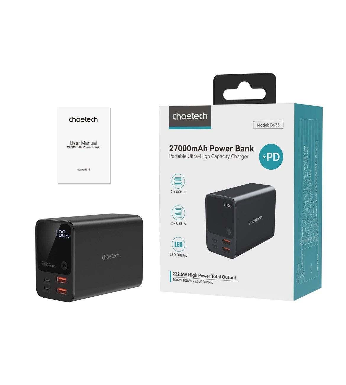Tragbare 27000-mAh-Powerbank mit zwei USB-A- und einem USB-C-Anschluss. Includes digitales Display und Benutzerhandbuch. Modell B645 von Choetech.