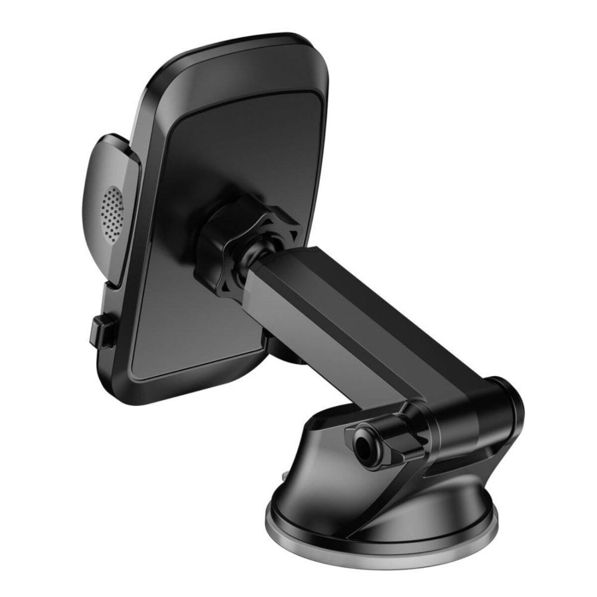 Ein schwarzer Smartphone-Halter mit verstellbarem Arm und Saugnapf-Basis, entwickelt zum Befestigen eines Telefons auf einer ebenen Fläche wie einem Armaturenbrett eines Autos.