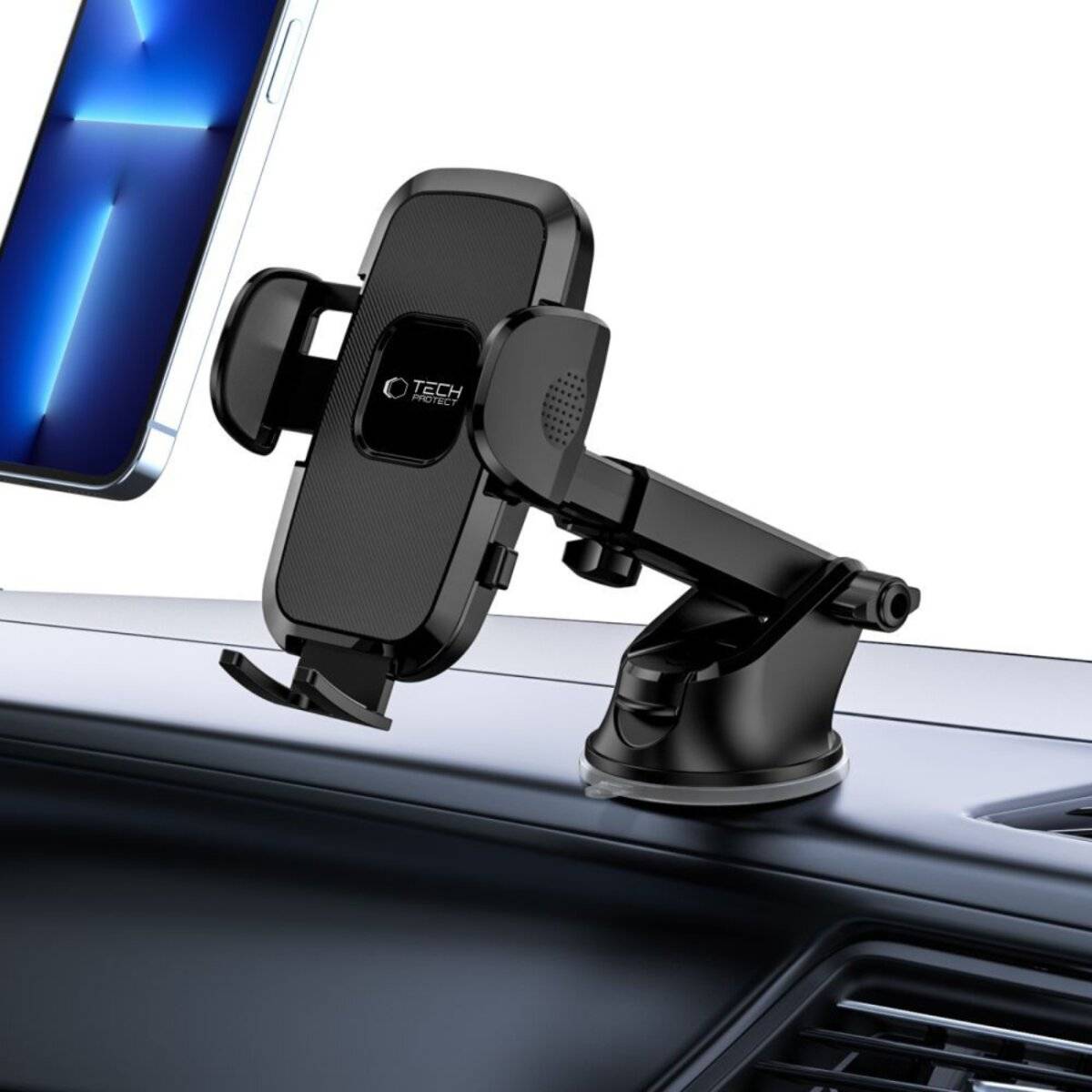 Eine Telefonhalterung für das Armaturenbrett des Autos mit Saugnapfbasis hält ein Smartphone sicher an Ort und Stelle und zeigt die freihändige Nutzung des Telefons während der Fahrt.