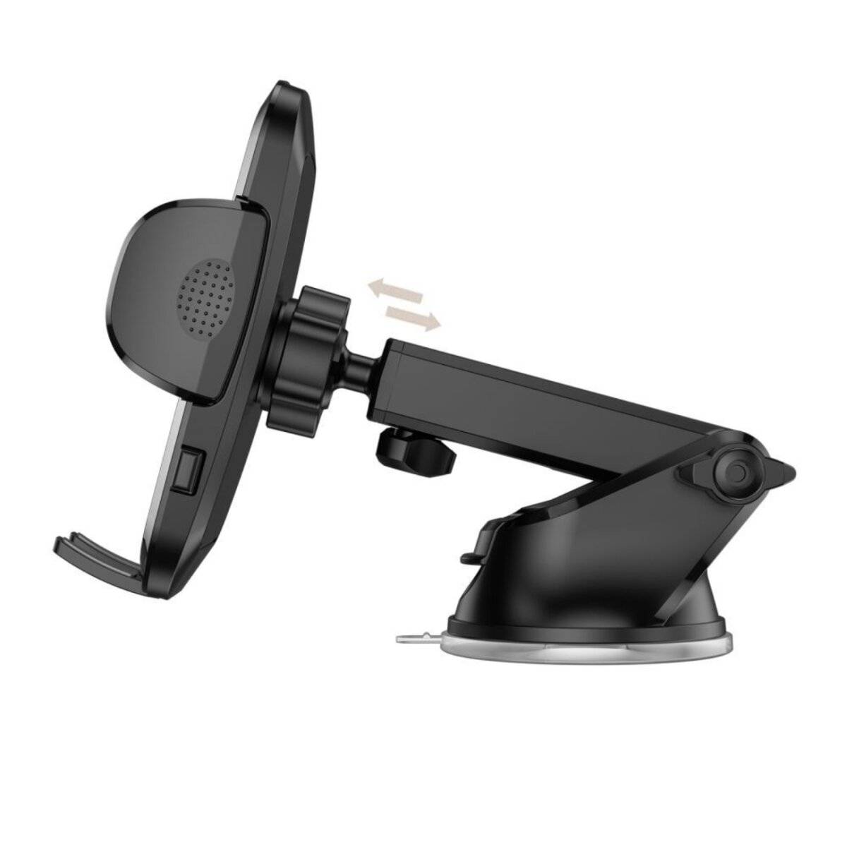 Schwarze Autohalterung für Telefone mit verstellbarem Arm und Saugnapfbasis, entwickelt um Geräte an Windschutzscheiben oder Armaturenbrettern zu sichern.