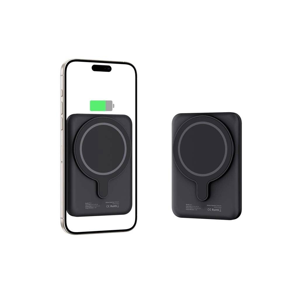 Eine magnetisch an einem Smartphone befestigte kabellose Powerbank, auf der ein grünes Batteriesymbol die Ladevorgänge anzeigt.