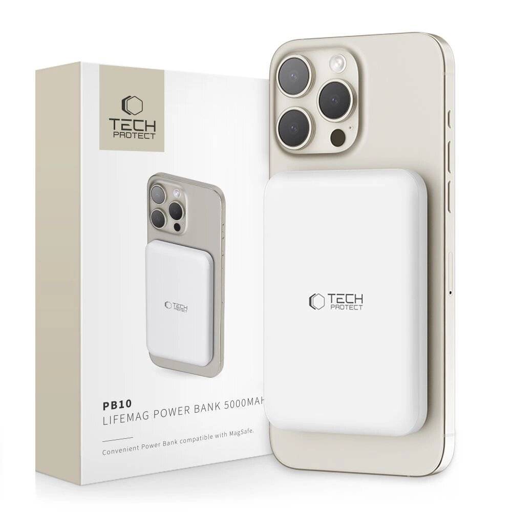Tech-Protect LifeMag PB10 Powerbank MagSafe 5000 mAh 15 W USB-C-Anschluss – weiß + USB-C-Kabel