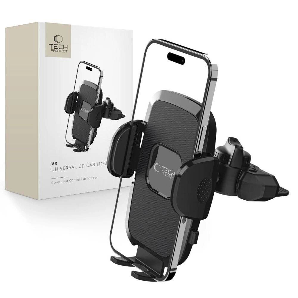 Ein Smartphone, das auf einer schwarzen Autohalterung befestigt ist, neben einer Box mit der Aufschrift „Tech Protect Universal CD Car Mount V3