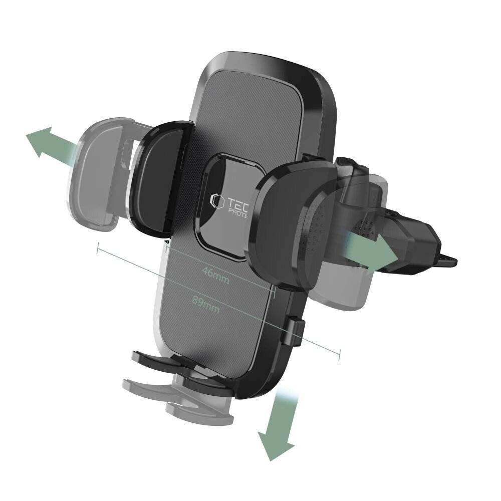 Verstellbare Auto-Handyhalterung mit 46mm bis 89mm Griffweite, ausgestattet mit Seitenarmen und Basis für sicheres Halten des Telefons.