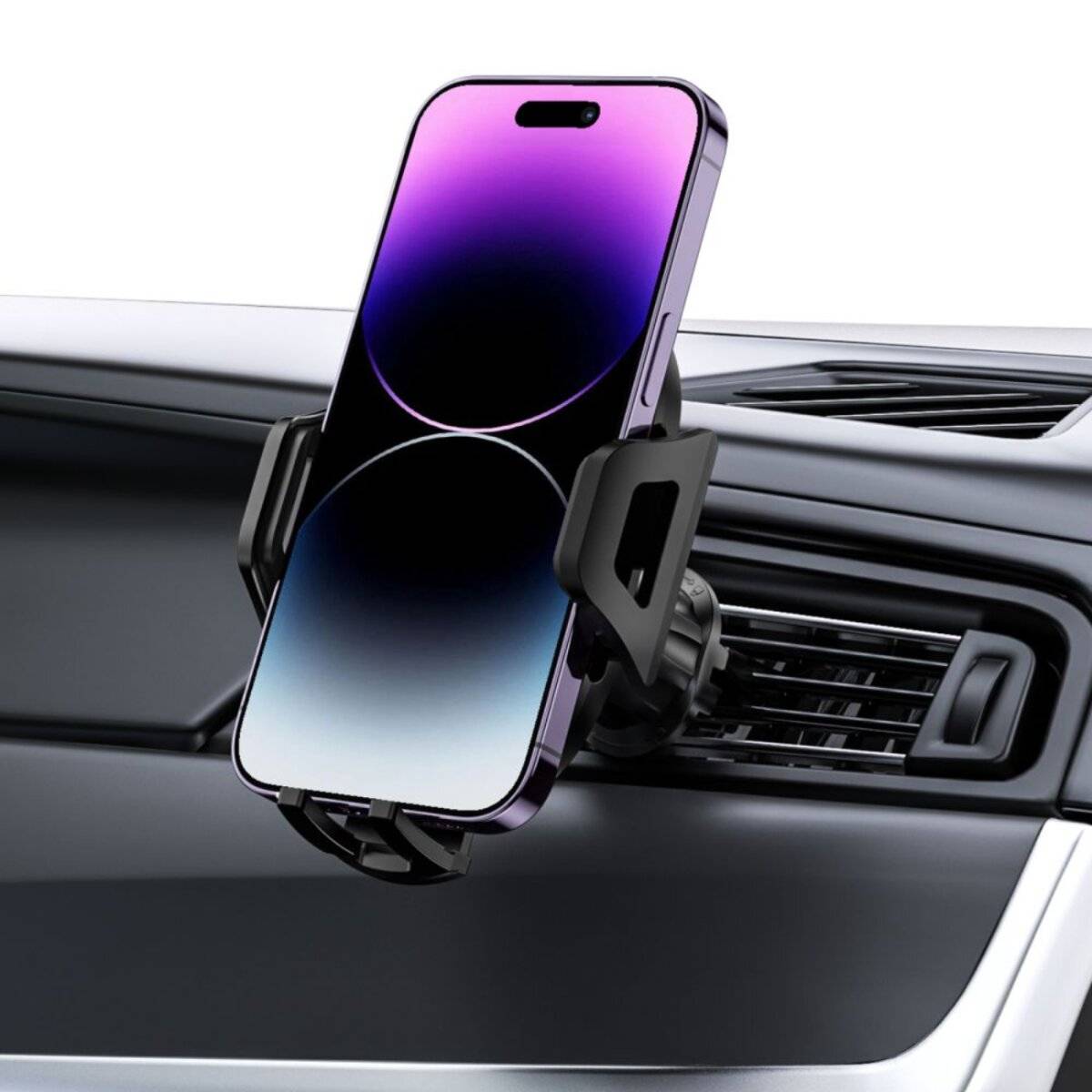 Ein in einer Auto-Lüftungsschlitz-Handyhalterung in einem Fahrzeug montiertes Mobiltelefon mit farbenfrohem Bildschirm.