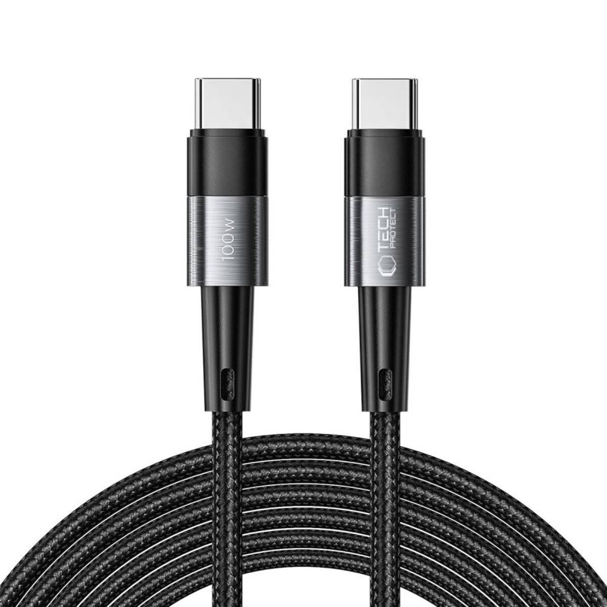 Ein geflochtenes USB-C-zu-USB-C-Kabel mit der Aufschrift „100W