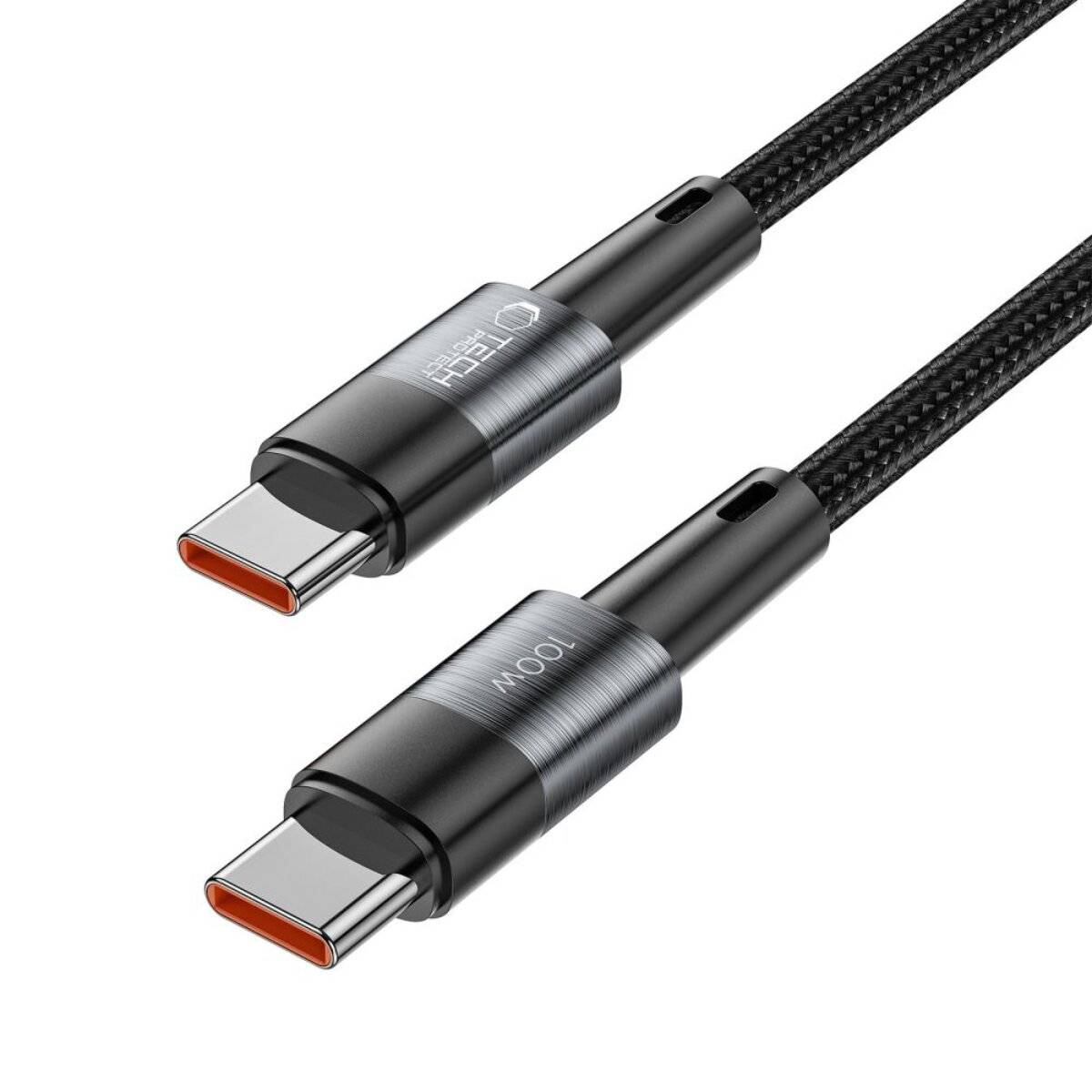 Zwei USB-C-Kabel mit geflochtenen Leitern und Metallsteckern werden gezeigt. Beide Kabel sind mit „100W