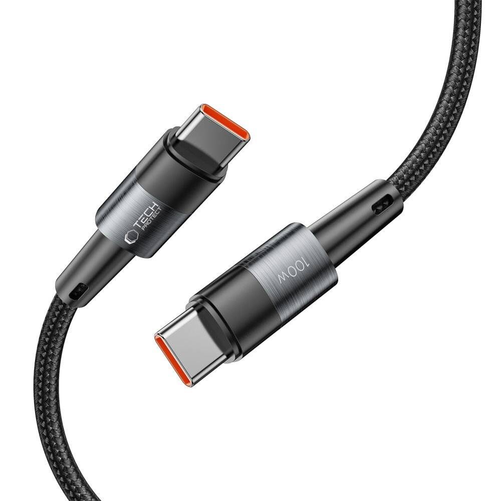 Ein geflochtenes USB-C-Kabel mit metallischen Steckern; mit „100W