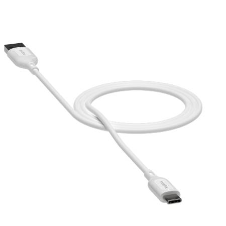 Ein aufgerolltes weißes USB-C-Kabel mit metallischen Steckern, das vor einem schwarzen Hintergrund angezeigt wird und zum Aufladen und zur Datenübertragung verwendet wird.