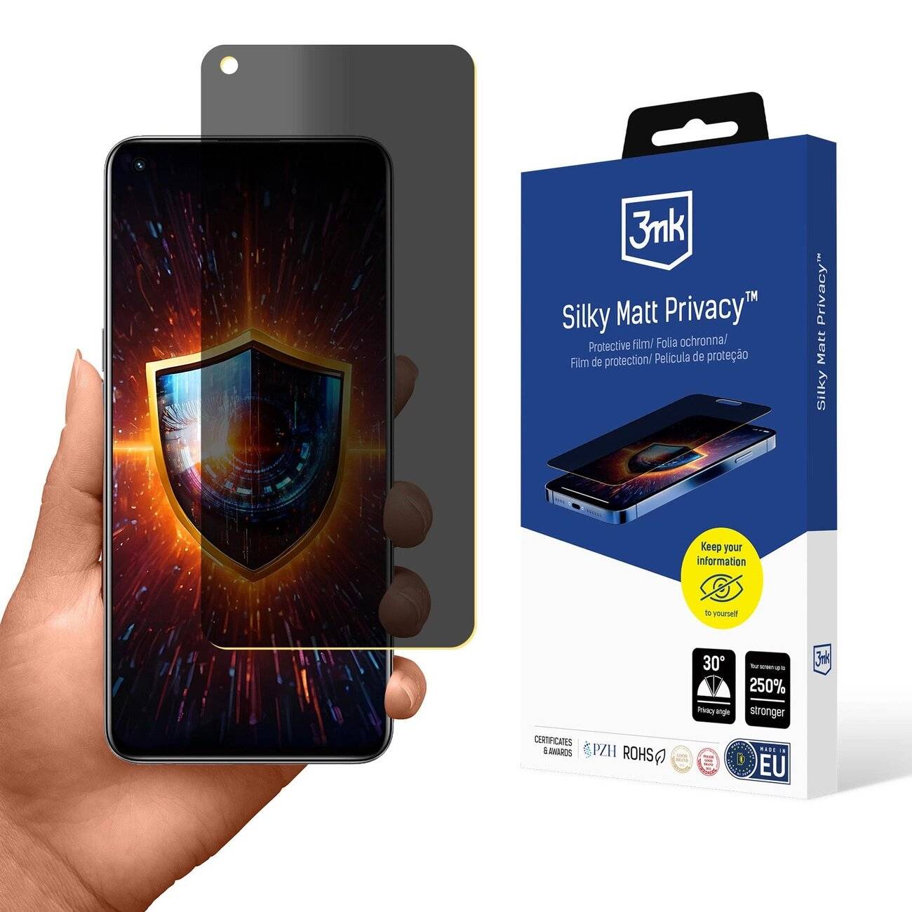 Eine Hand hält ein Smartphone mit einer Datenschutzschutzfolie, auf der ein digitales Schild angezeigt wird. Die Verpackung daneben trägt die Aufschrift „Silky Matt Privacy