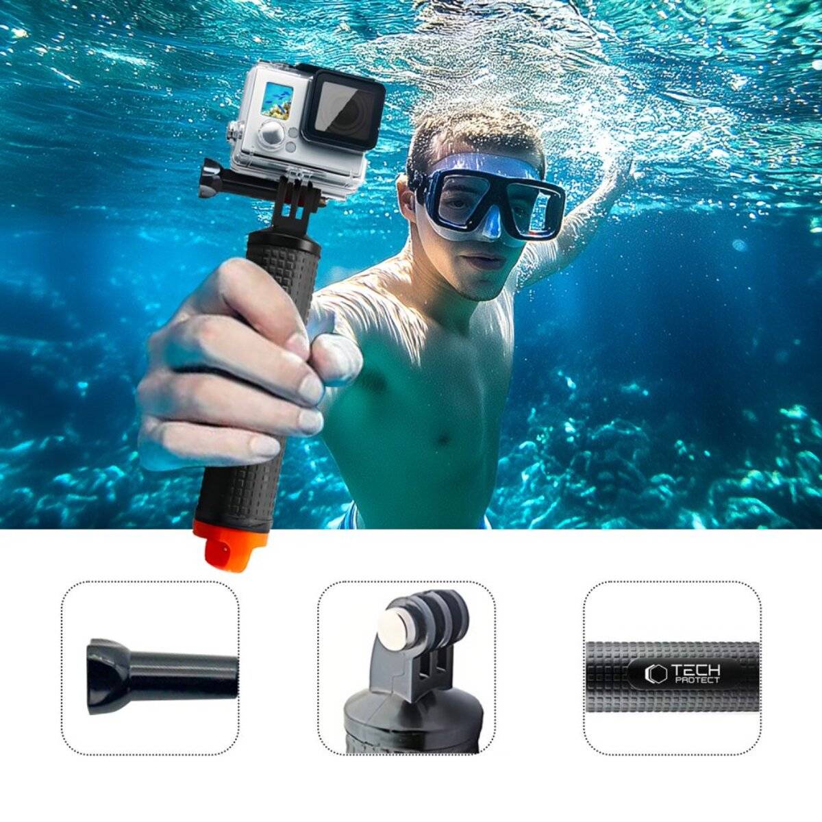 Eine Person, die unter Wasser schwimmt, hält eine Kamera auf einem schwimmenden Griff stick und trägt eine Schutzbrille. Einsätze zeigen Details der Merkmale des Griffs.