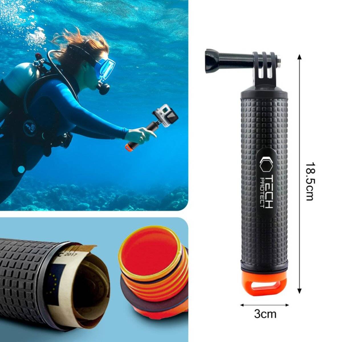 Ein Taucher unter Wasser hält eine Kamera. Neben ihm befindet sich ein schwimmender Handgriff, 18,5 cm groß und 3 cm breit, mit einer Schraubkappe für Wertsachen.