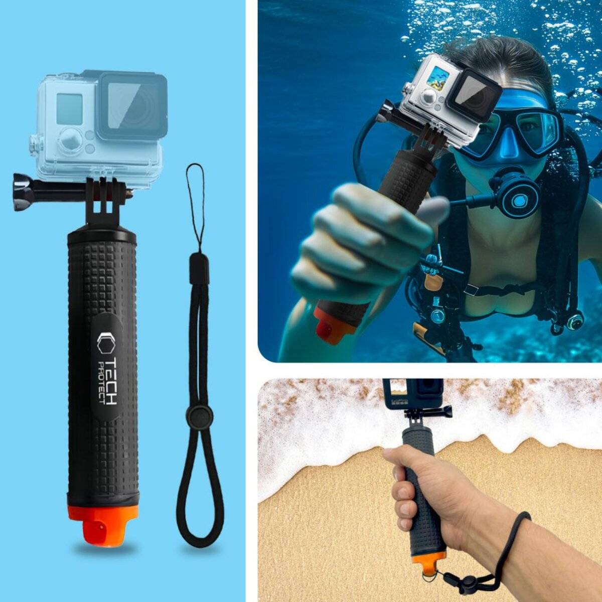 Eine Person unter Wasser nutzt eine Kamera an einem orangefarbenen schwimmenden Handgriff, mit einem zusätzlichen Bild, das den Handgriff über Sand gehalten zeigt.