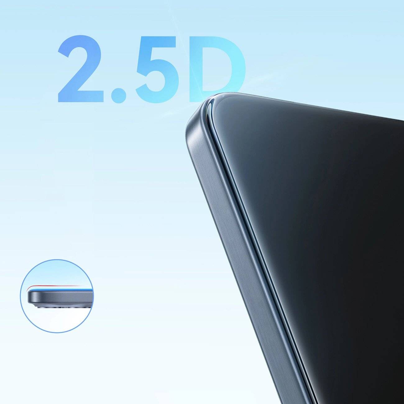 2.5D' Text mit einer Seitenansicht eines Smartphones, das seine gekrümmte Glaskante gegen einen blauen Himmelshintergrund hervorhebt und das Designmerkmal präsentiert.