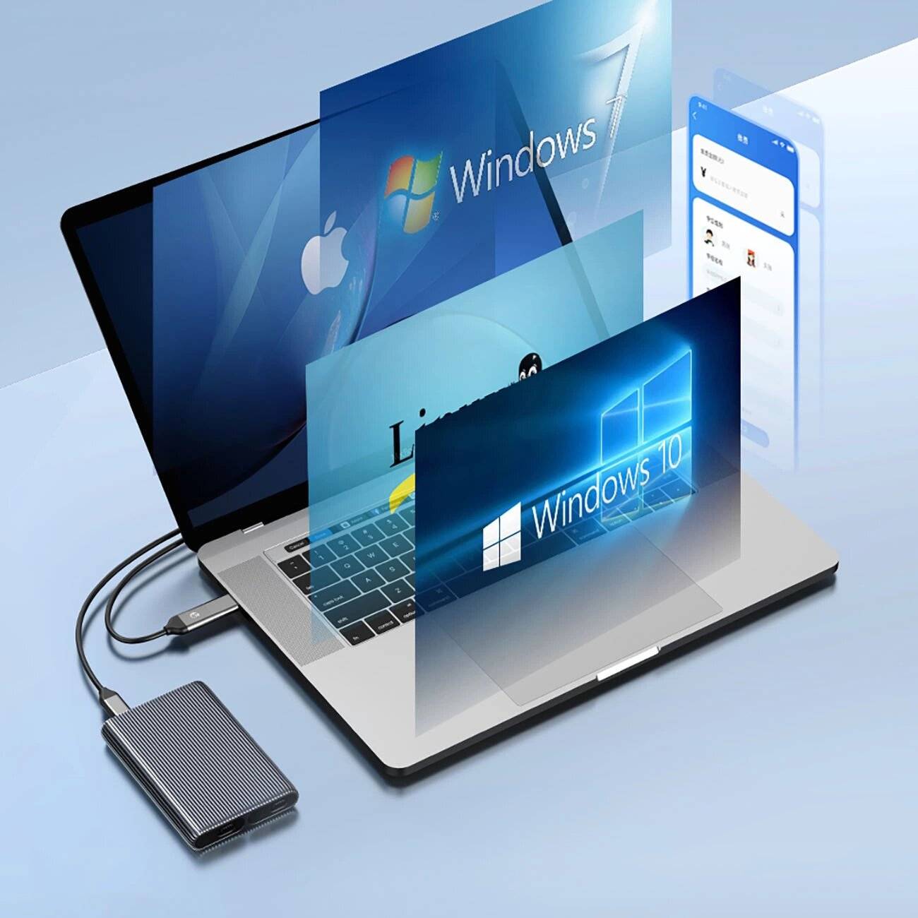 Ein Laptop zeigt mehrere Betriebssystem-Logos an: MacOS, Windows 7, Linux und Windows 10. Ein externes Festplattenlaufwerk ist damit verbunden.