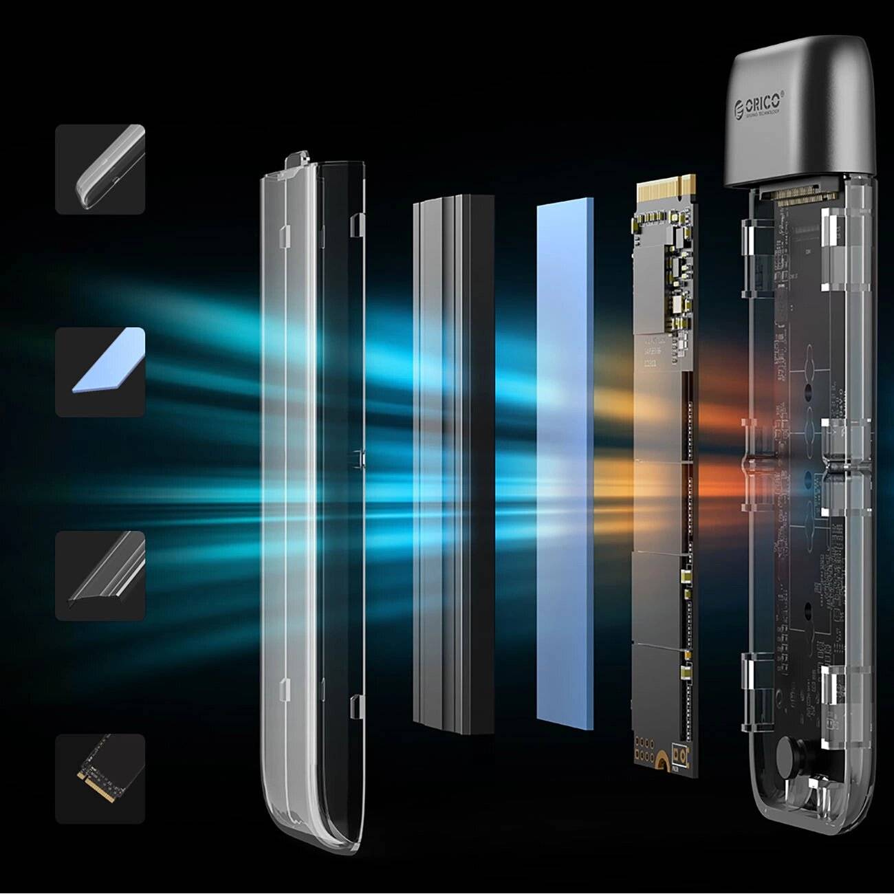 Schnittansicht eines Festplattengehäuses, das seine geschichtete Struktur zeigt, mit gekennzeichneten Komponenten und blauen und orangefarbenen Linien, die den Datenfluss anzeigen.